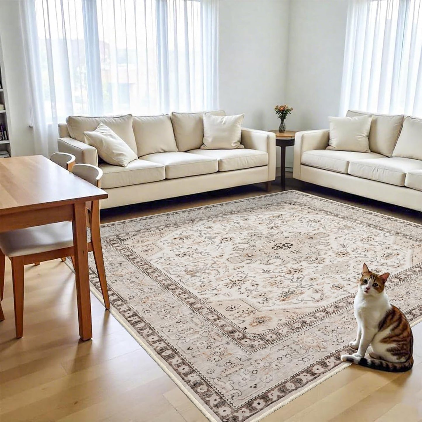8x8 Area Rug Square Living Room - Soft Distressed Design