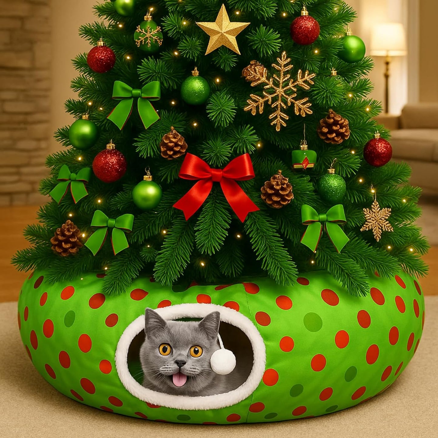 Christmas Cat Bed Tunnel for Small Pets - Fun and Cozy Playtime