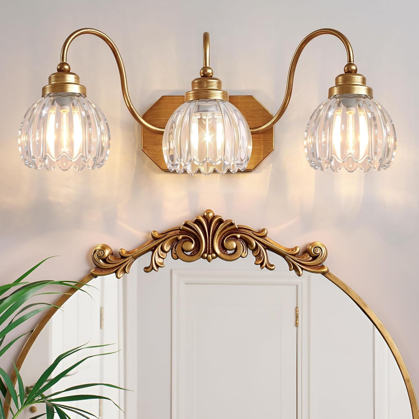 Gold 3-Light Vanity Light with Crystal Glass Shades for Home