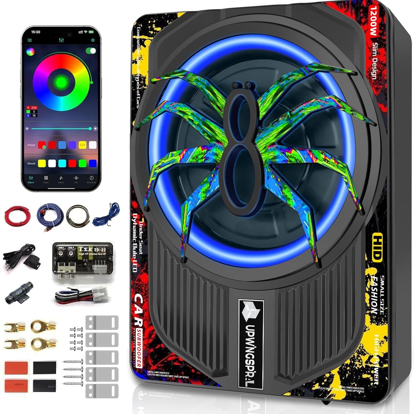 1200W 10in Car Subwoofer with RGB Lights for Deep Bass