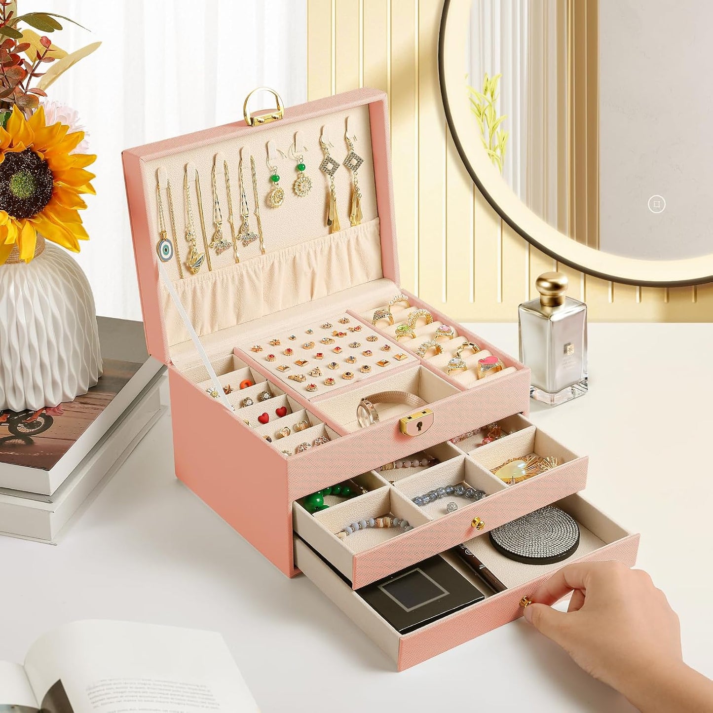 3 Layer Jewelry Box with Lockable Drawer for Elegant Storage