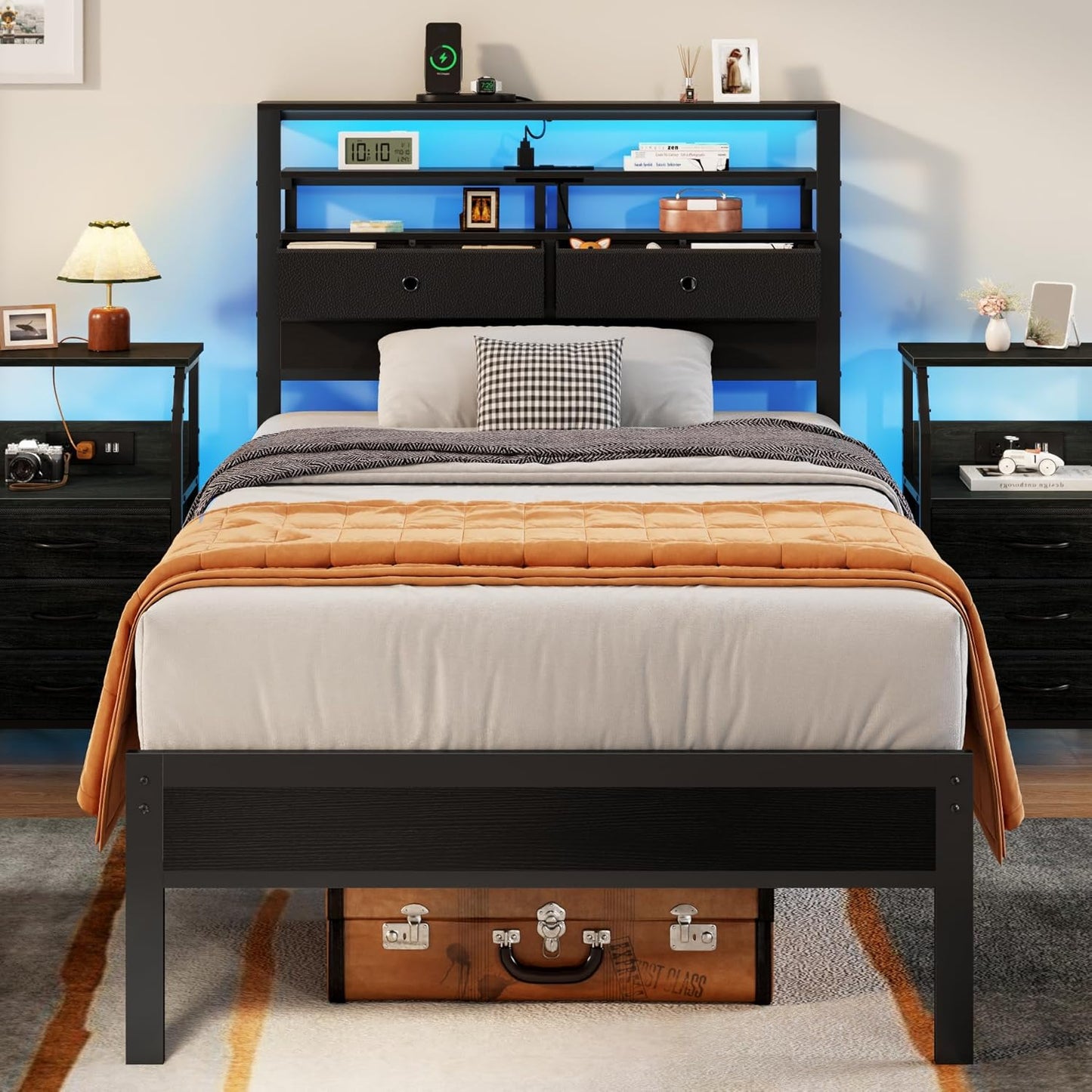 Furnulem Twin Bed Frame with LED Lights and Charging Station
