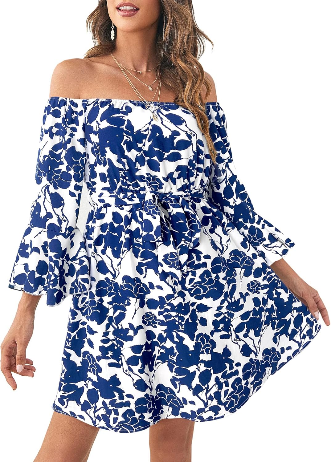 Womens Off Shoulder Ruffle Floral Summer Wedding Guest Dresses