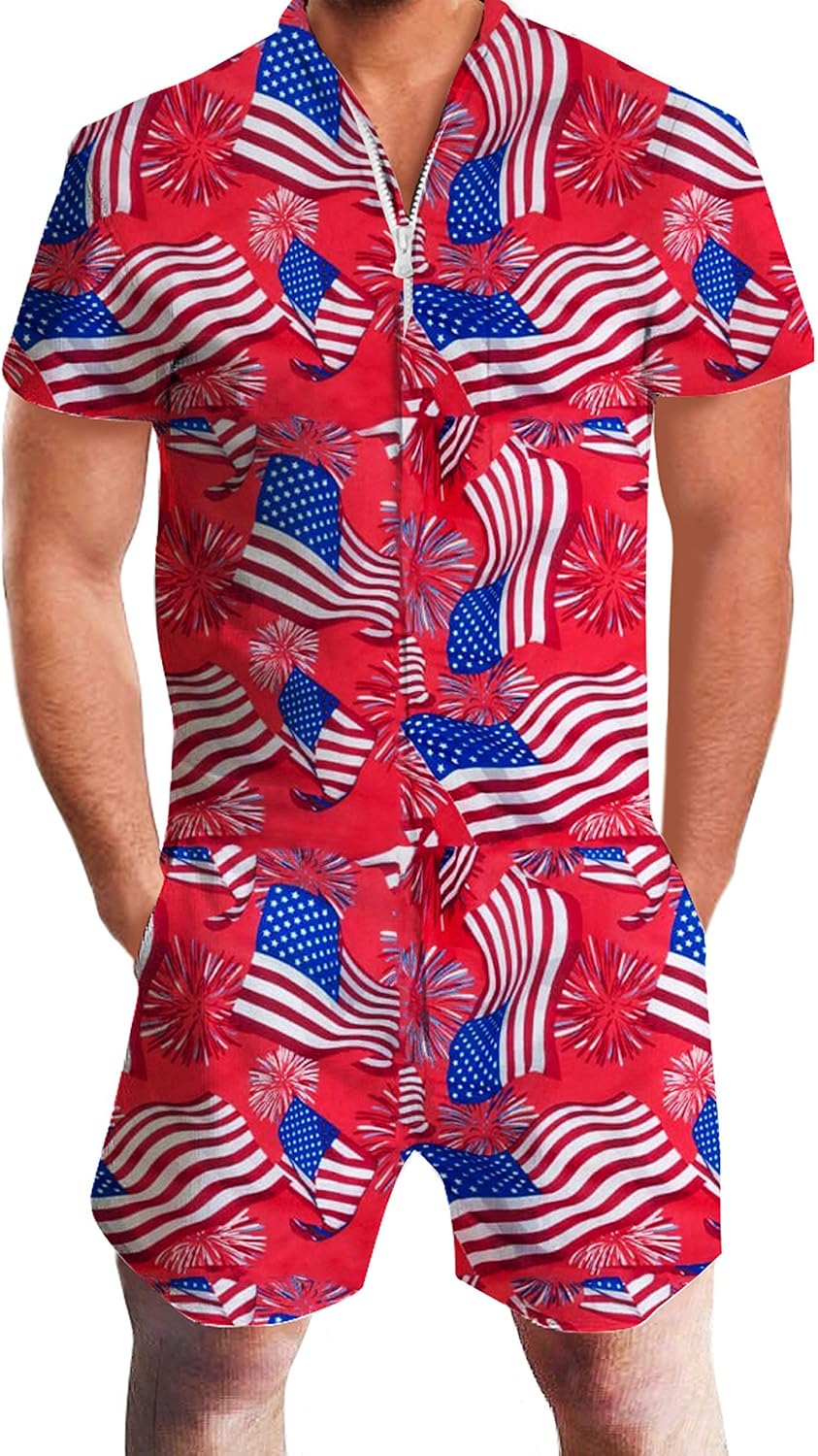 AIDEAONE Mens Casual 3D Printed Short Sleeve Rompers Jumpsuit