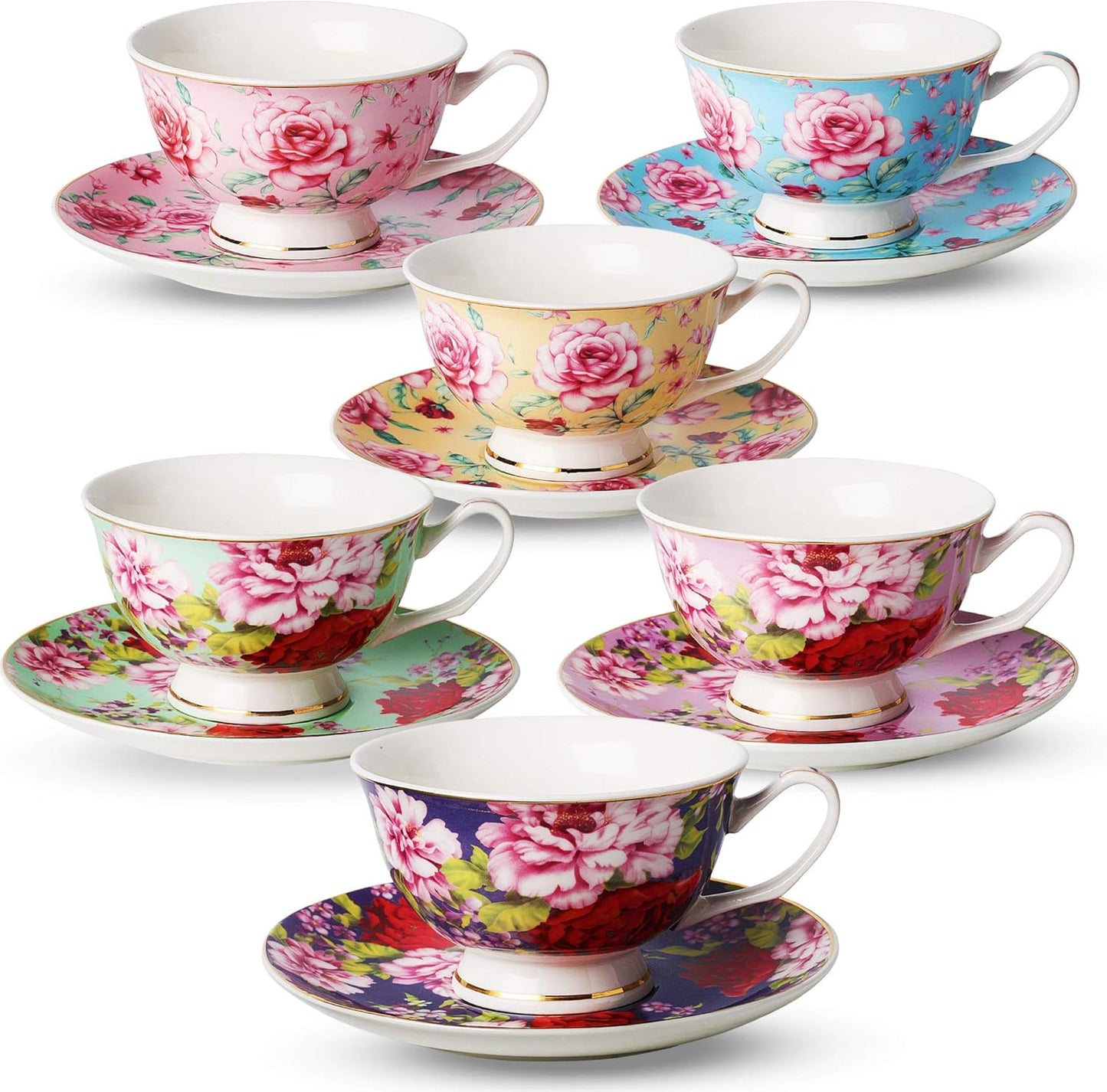 BTaT Tea Cups and Saucers Set of 6 Floral Design Porcelain
