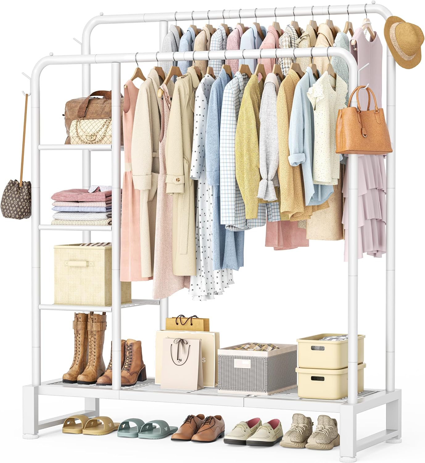 Double Rods Clothes Rack with 4 Tier Storage Shelves for Organizing