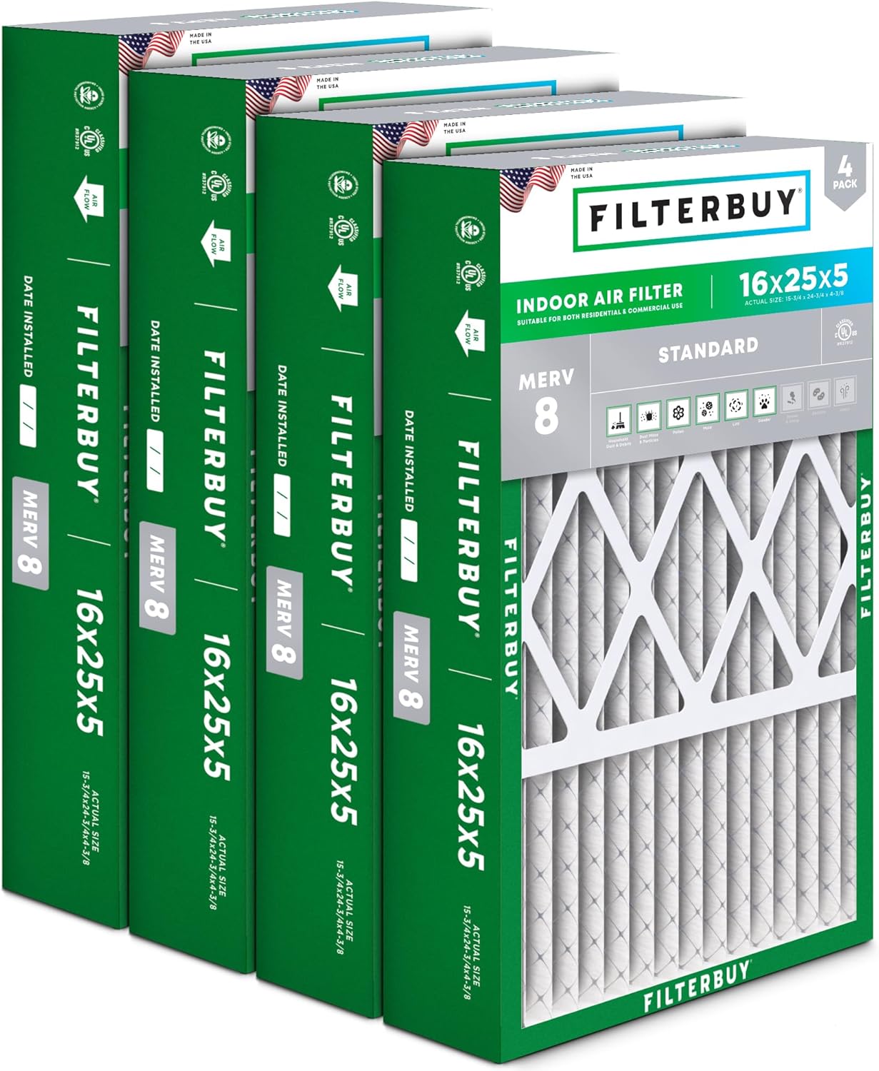 Filterbuy 16x25x5 Air Filter MERV 8 for Dust & Allergy Defense