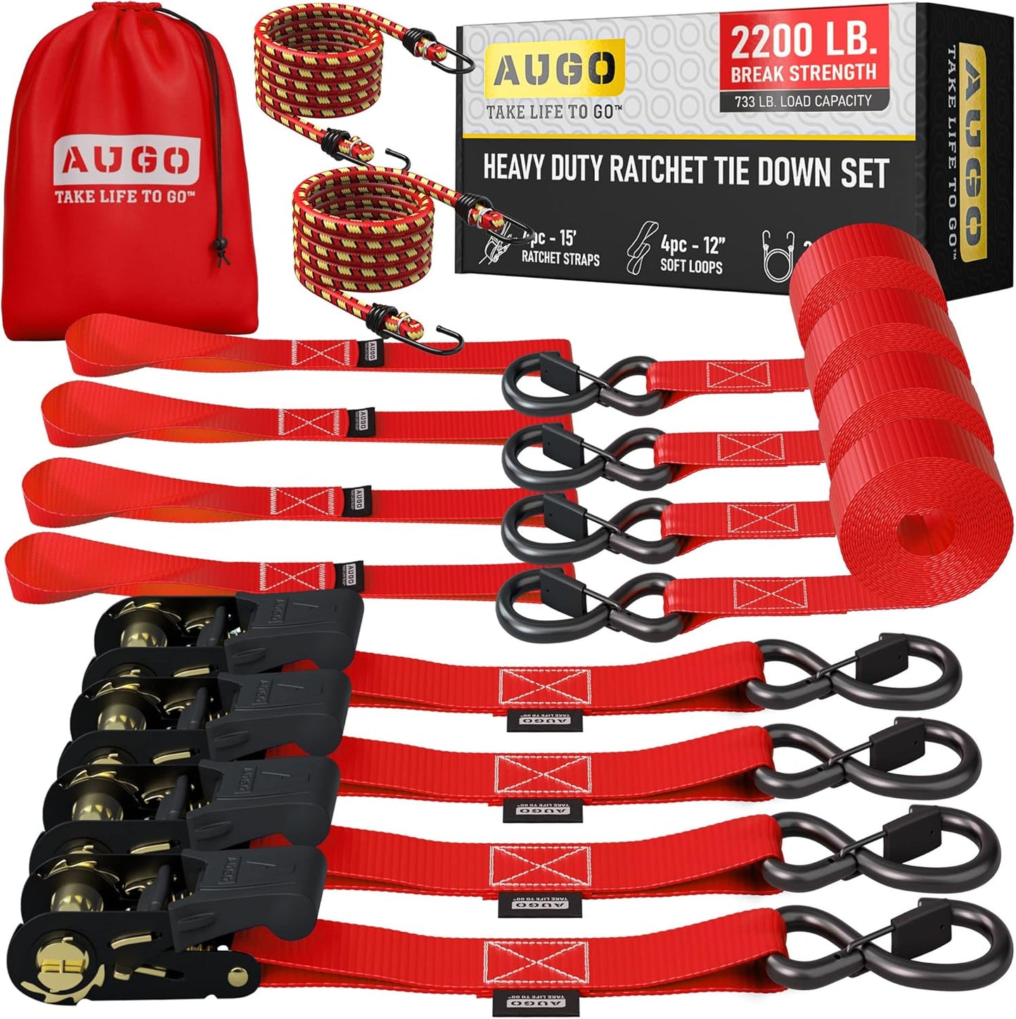 AUGO Heavy Duty Ratchet Straps 15 Ft 2200 LB Break Strength