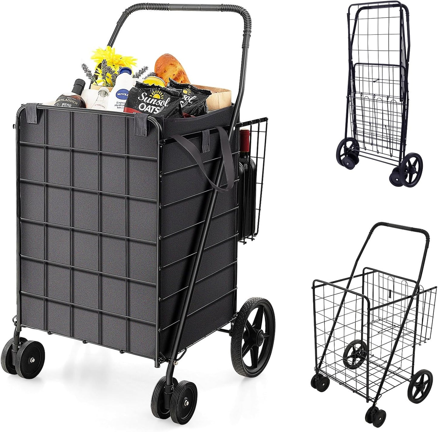 Goplus Jumbo Grocery Cart with Waterproof Liner and Double Basket