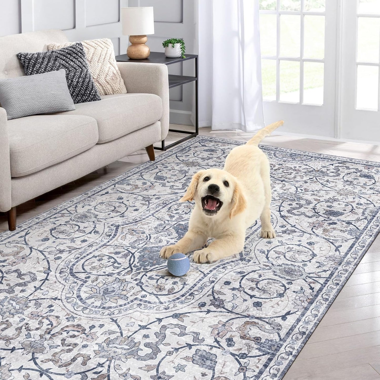 Durable Vinyl Rugs for Living Room with Vintage Floral Pattern