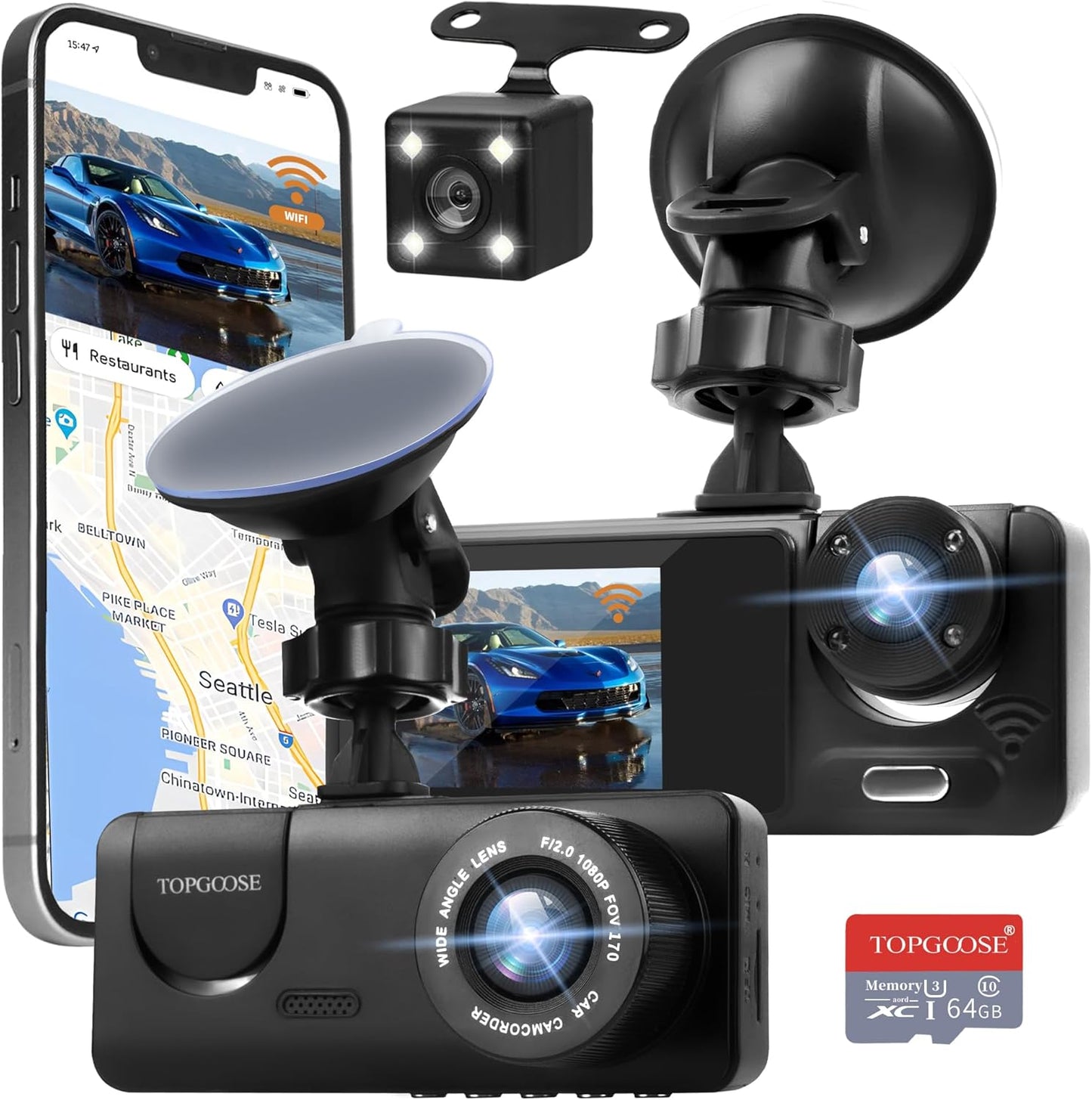 3 Channel Dash Cam WiFi FHD 2K Car Camera with Night Vision