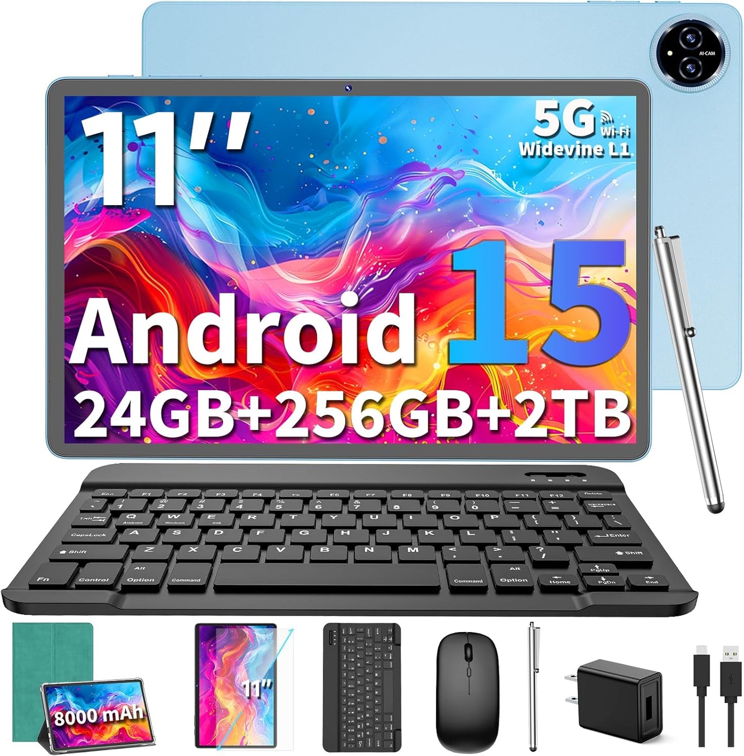 Powerful 11 inch Android 15 Tablet with Keyboard and Fast Charging