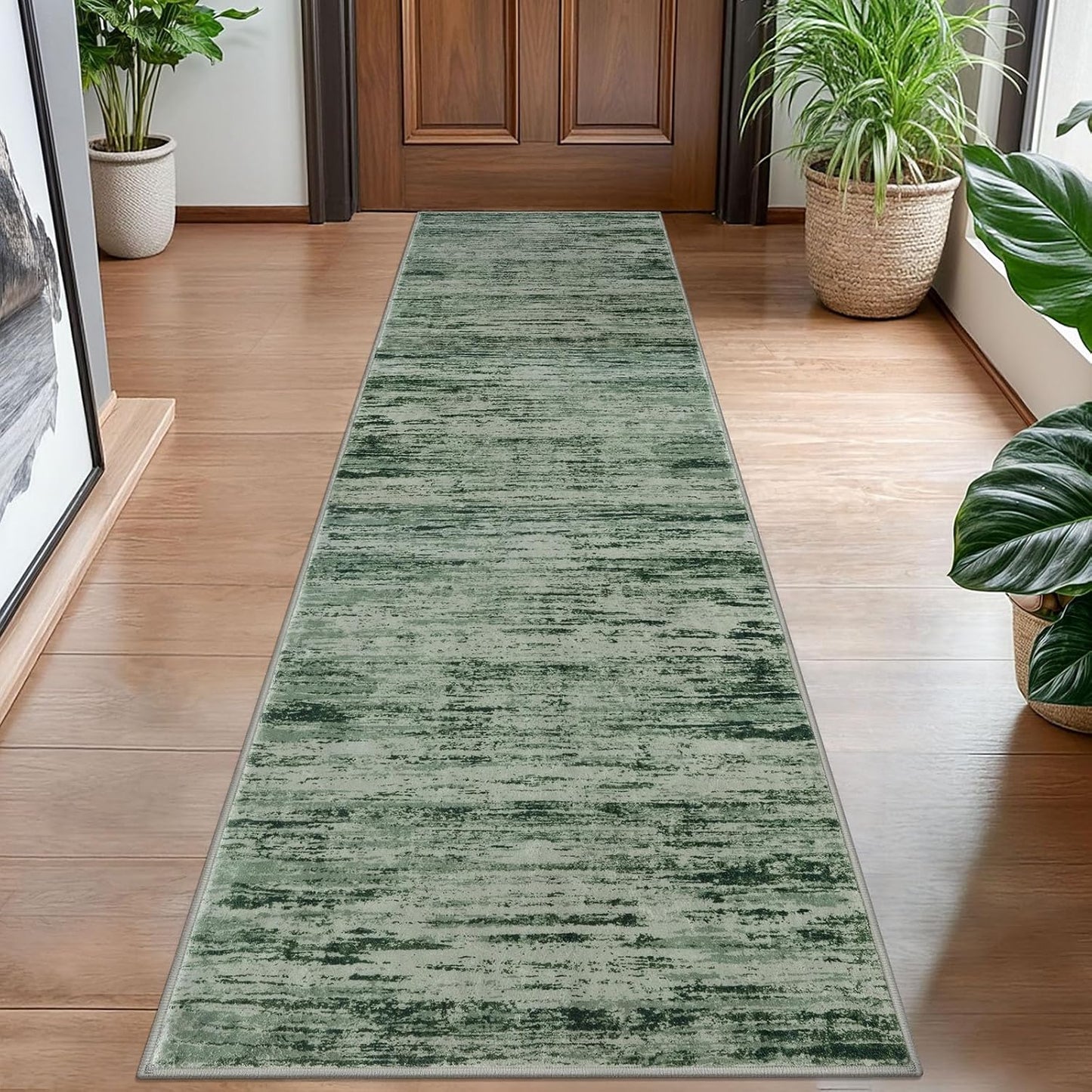 Modern Abstract Hallway Runner Rug in Forest Green for Home