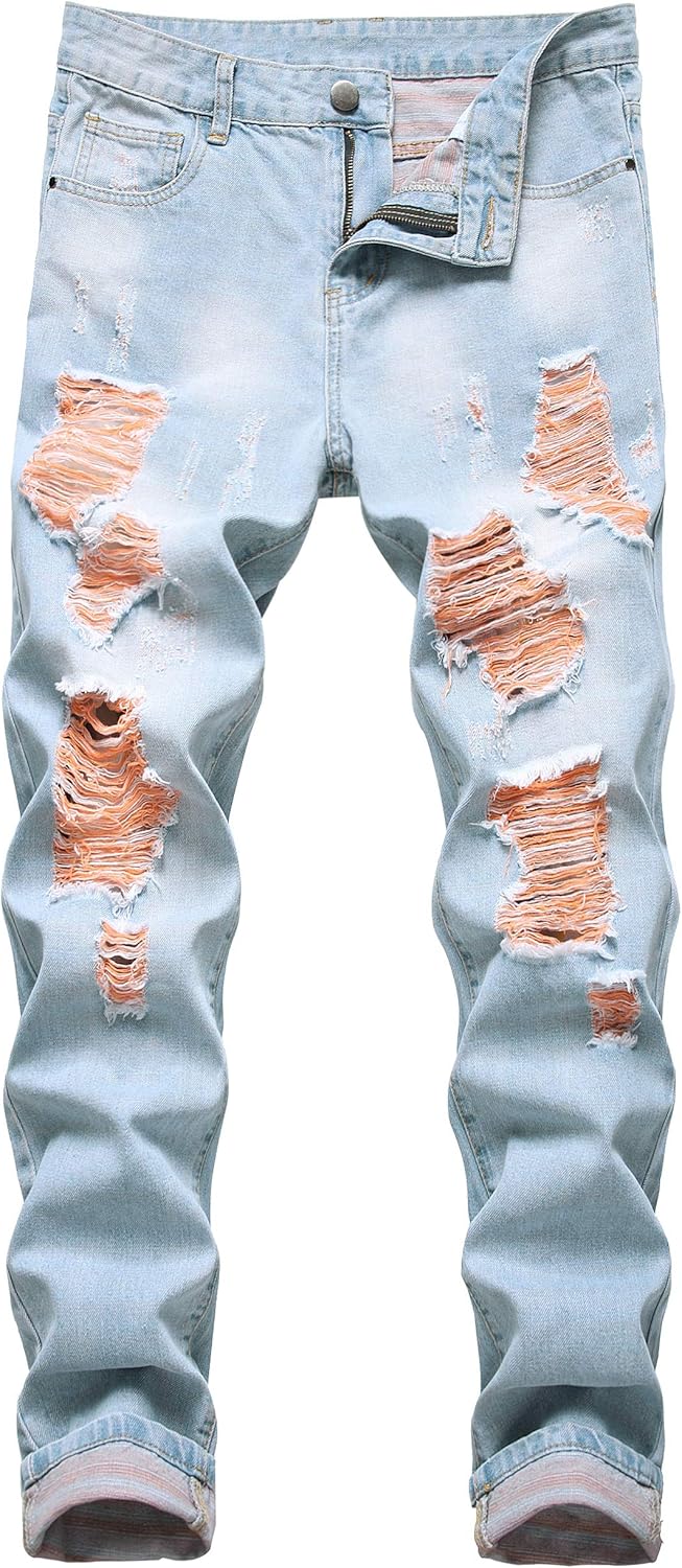 Men Ripped Jeans Slim Fit Straight Leg Denim Pants with Holes
