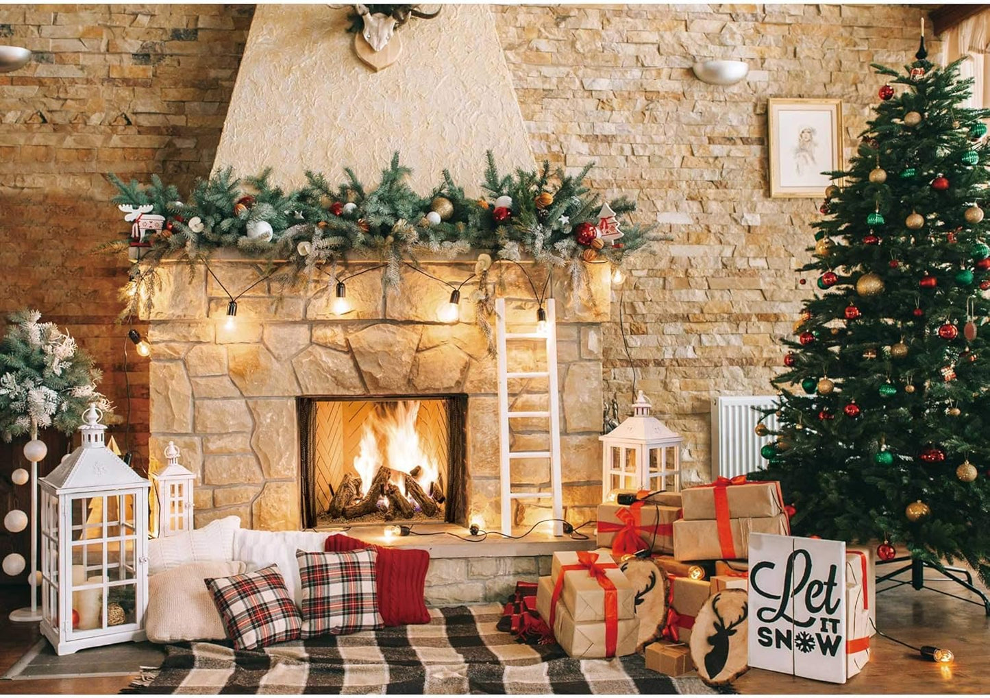 10x8ft Christmas Fireplace Theme Backdrop for Festive Photos