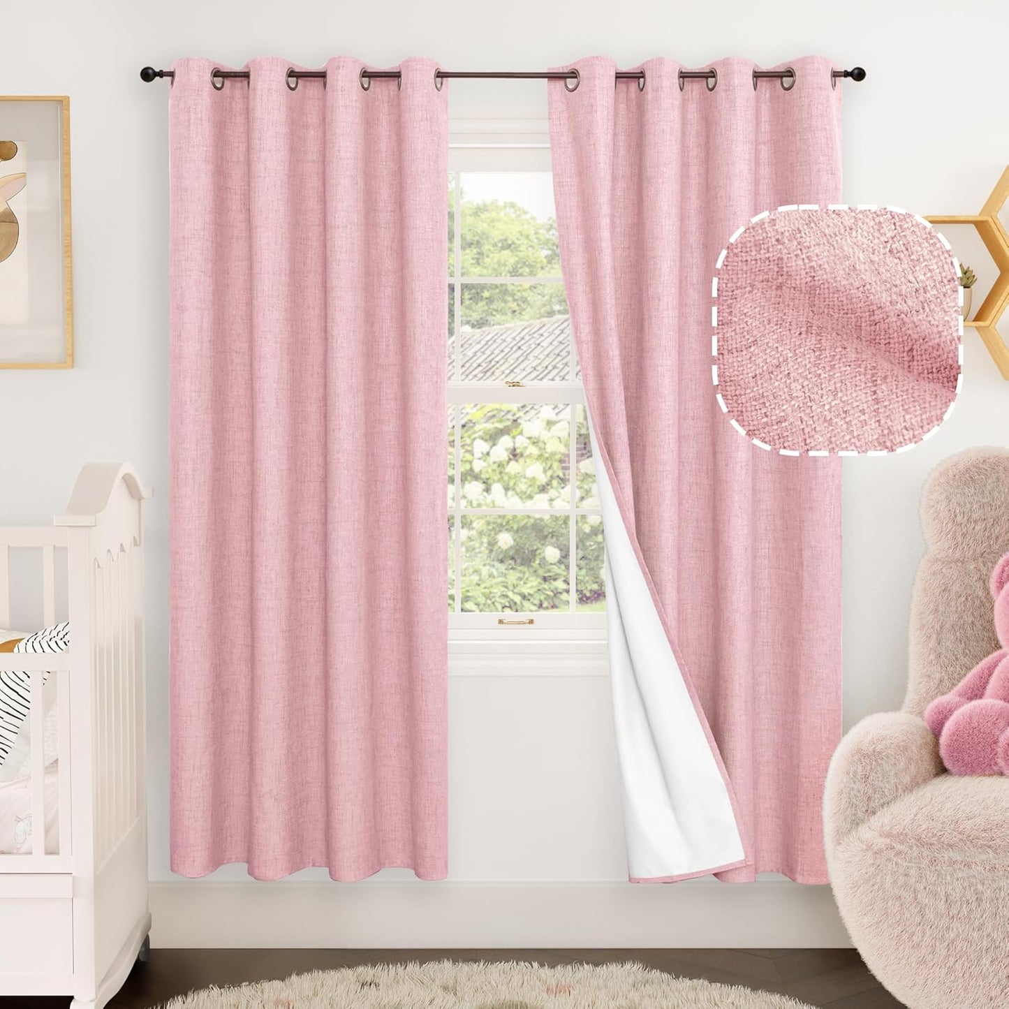 Baby Pink Linen Blackout Curtains for Nursery 72 Inch Length
