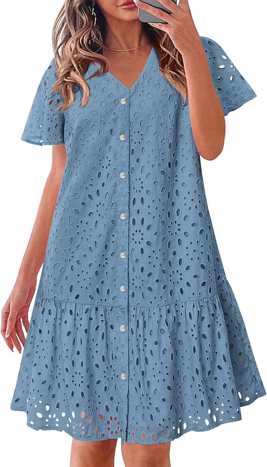 KIRUNDO Summer Dresses for Women 2025 Eyelet V Neck Style