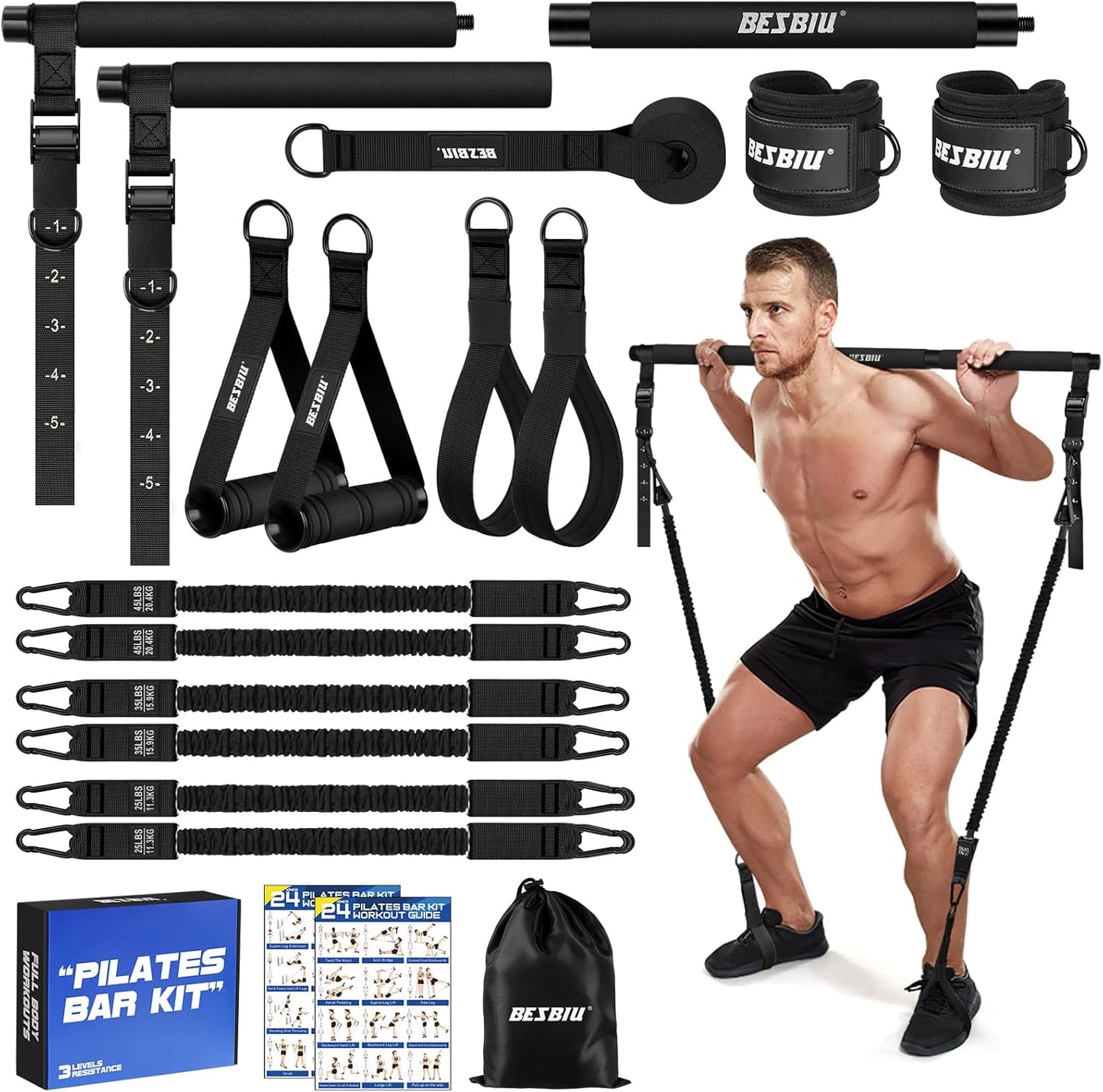 Pilates Bar Kit with Resistance Bands for Full Body Workouts