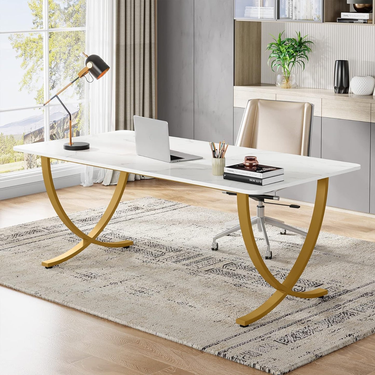 Tribesigns Large Modern Office Desk, White & Gold