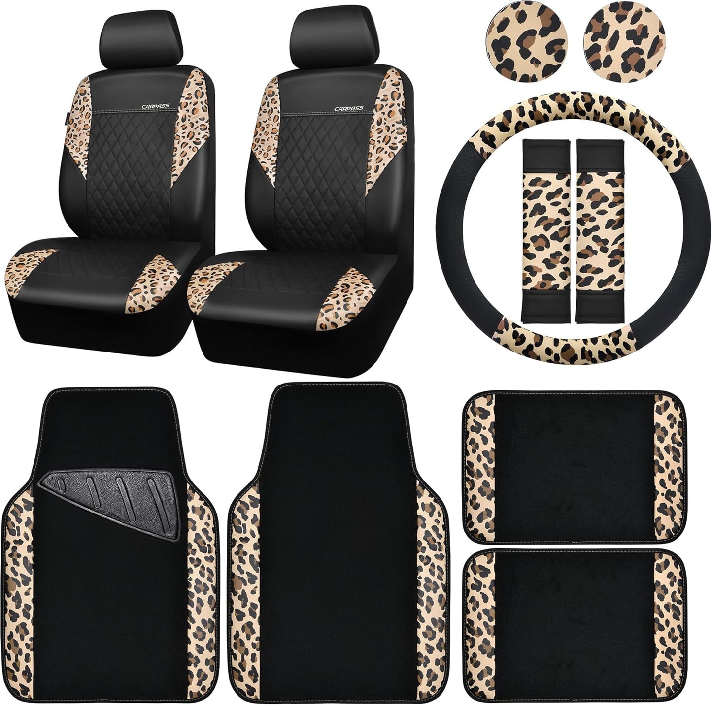 Leopard Print Faux Leather Car Seat Covers & Accessories Set