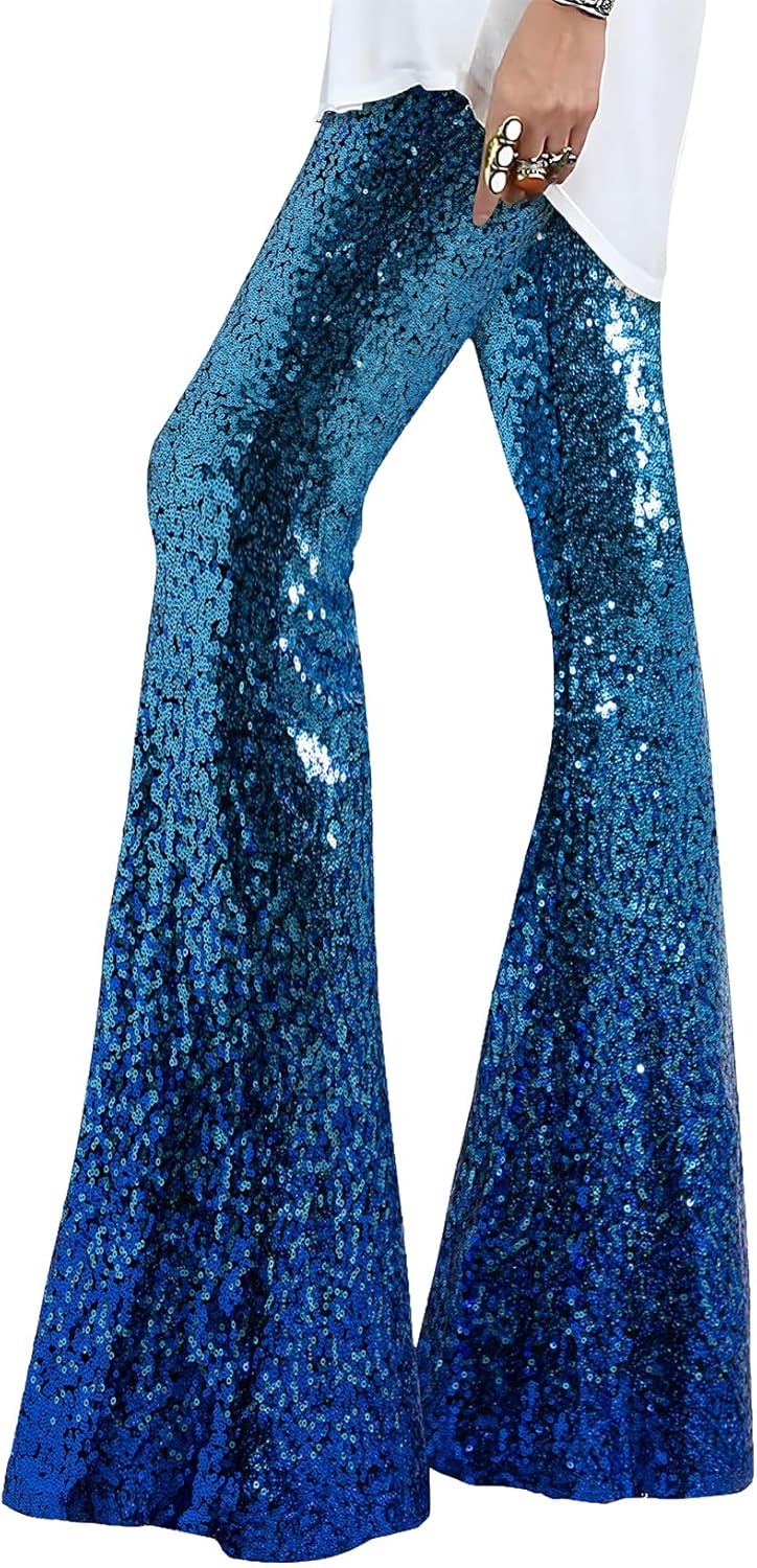 EVALESS Women Sequin Pants Sparkly Glitter High Waisted Trousers