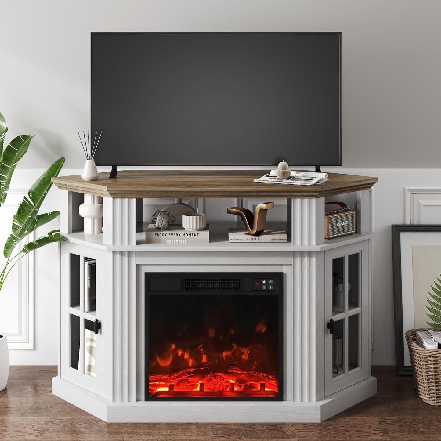 WhiteRustic Corner Fireplace TV Stand - Stylish Storage & Entertainment