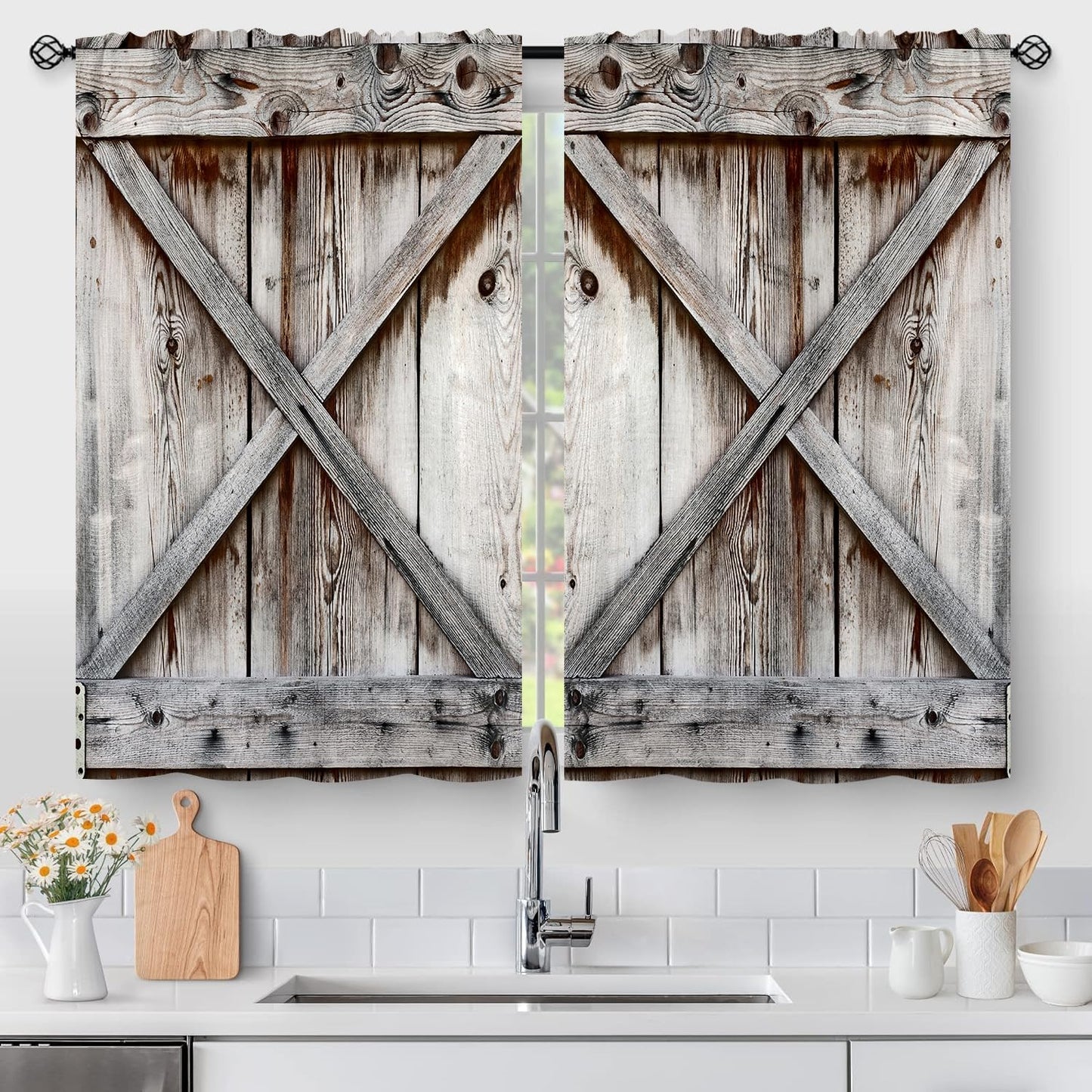 Rustic Grey Barn Door Kitchen Curtains - Farmhouse Chic! 2 Panels 36x28