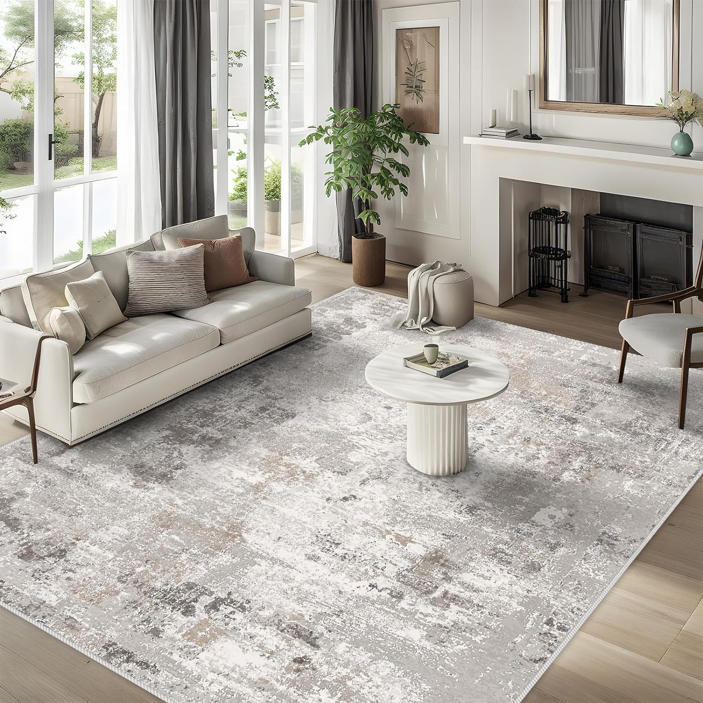 8x10 Washable Living Room Rug - Modern Neutral Abstract Design