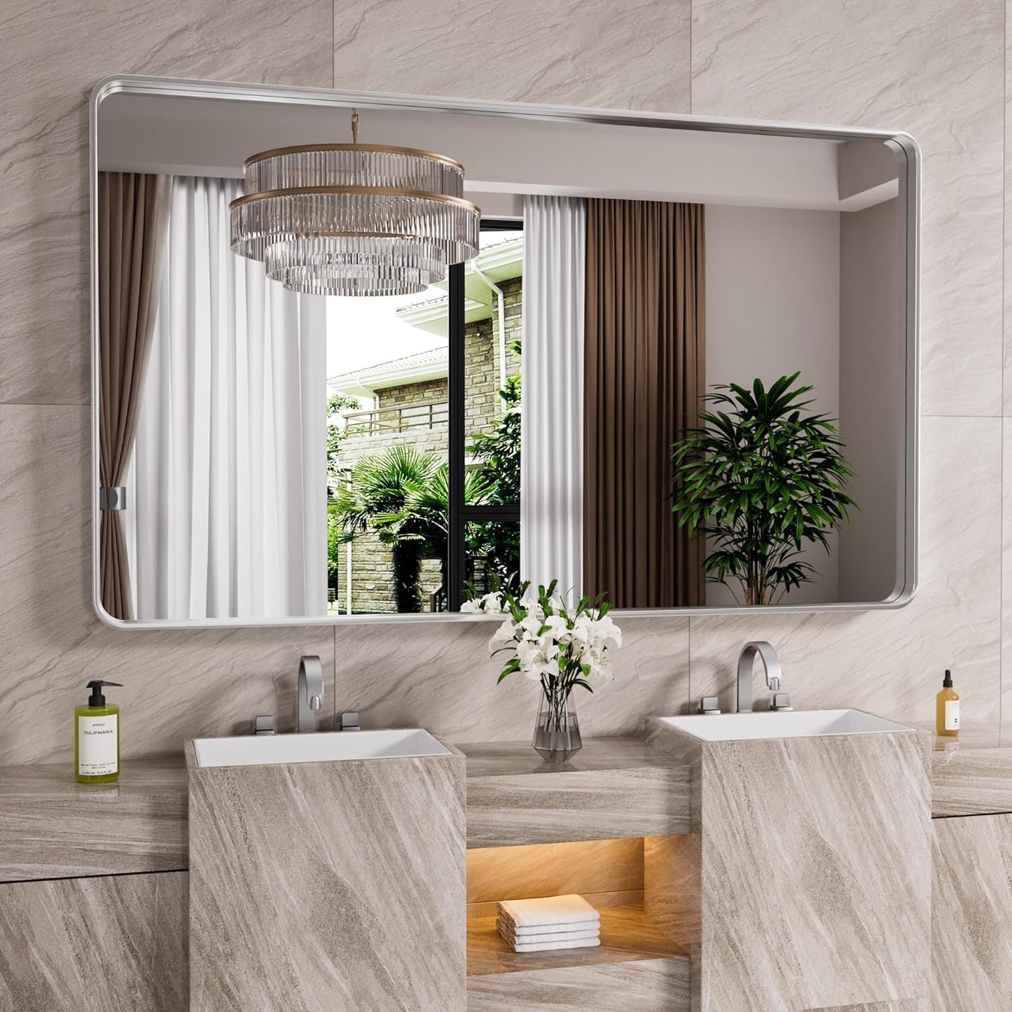 Brushed Nickel Bathroom Mirror with Rounded Rectangle Design