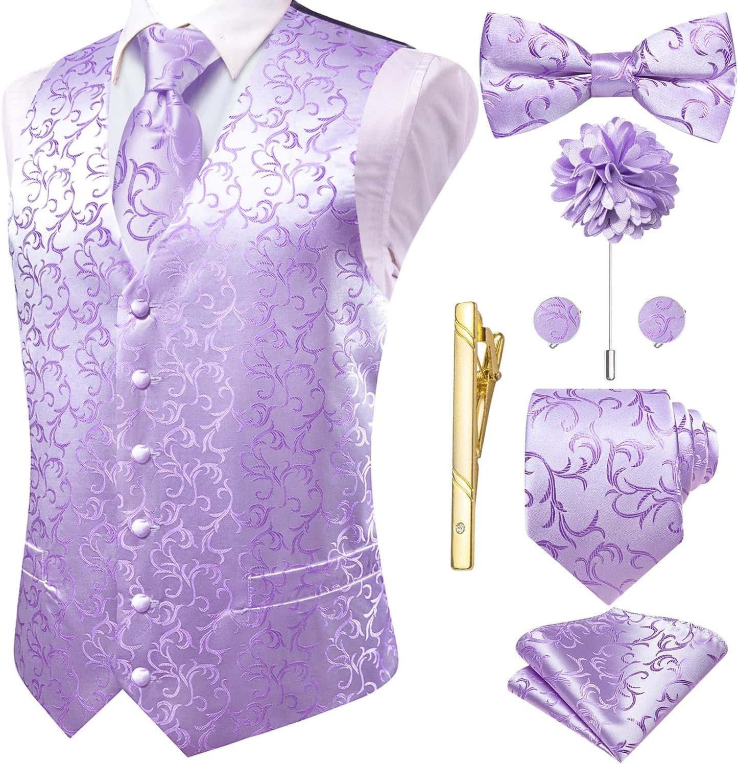 Hi-Tie Silk Mens Suit Vest Set with Tie and Bowtie for Weddings