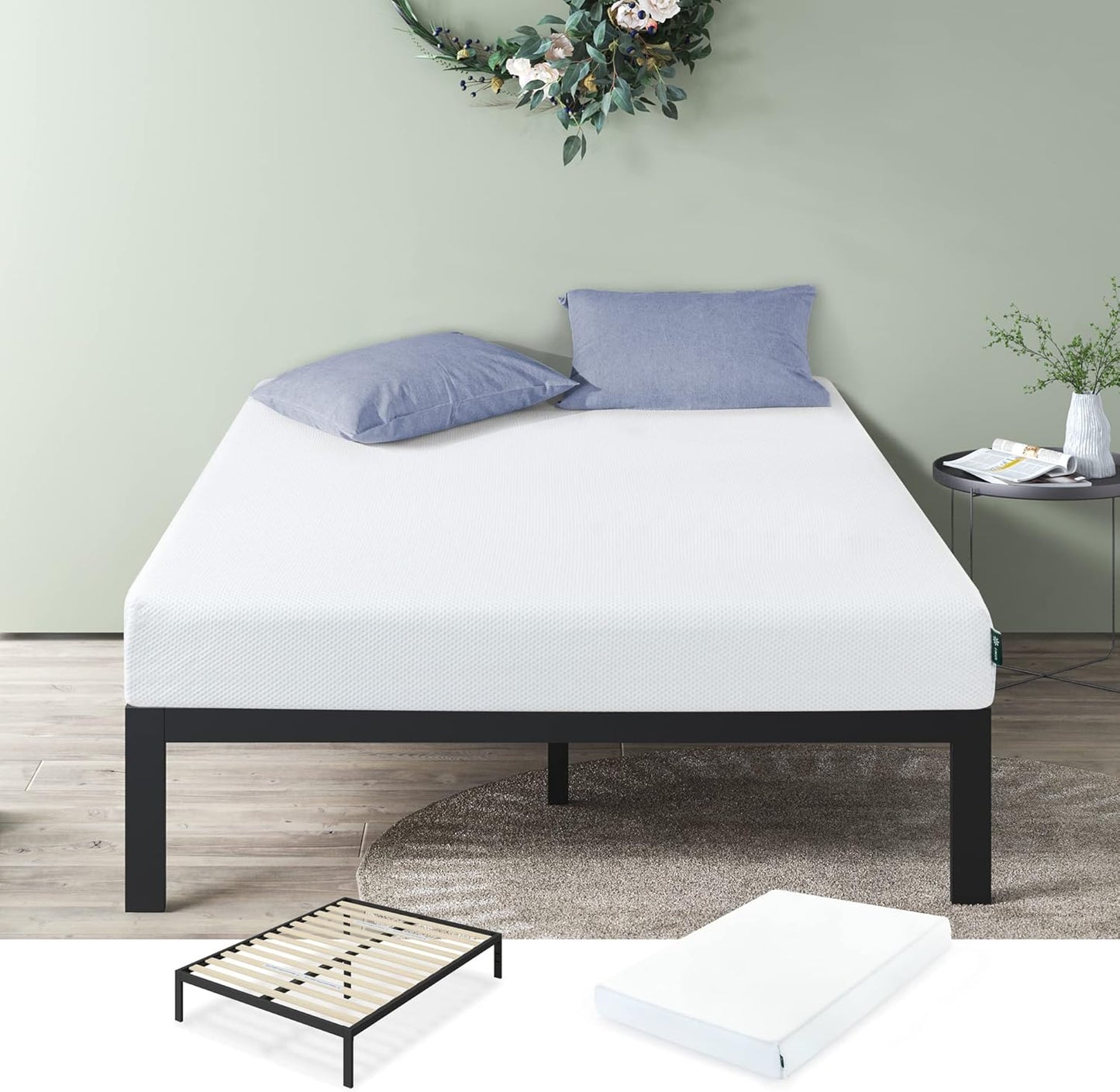 Mia Metal Platform Bed Frame with Green Tea Memory Foam Mattress