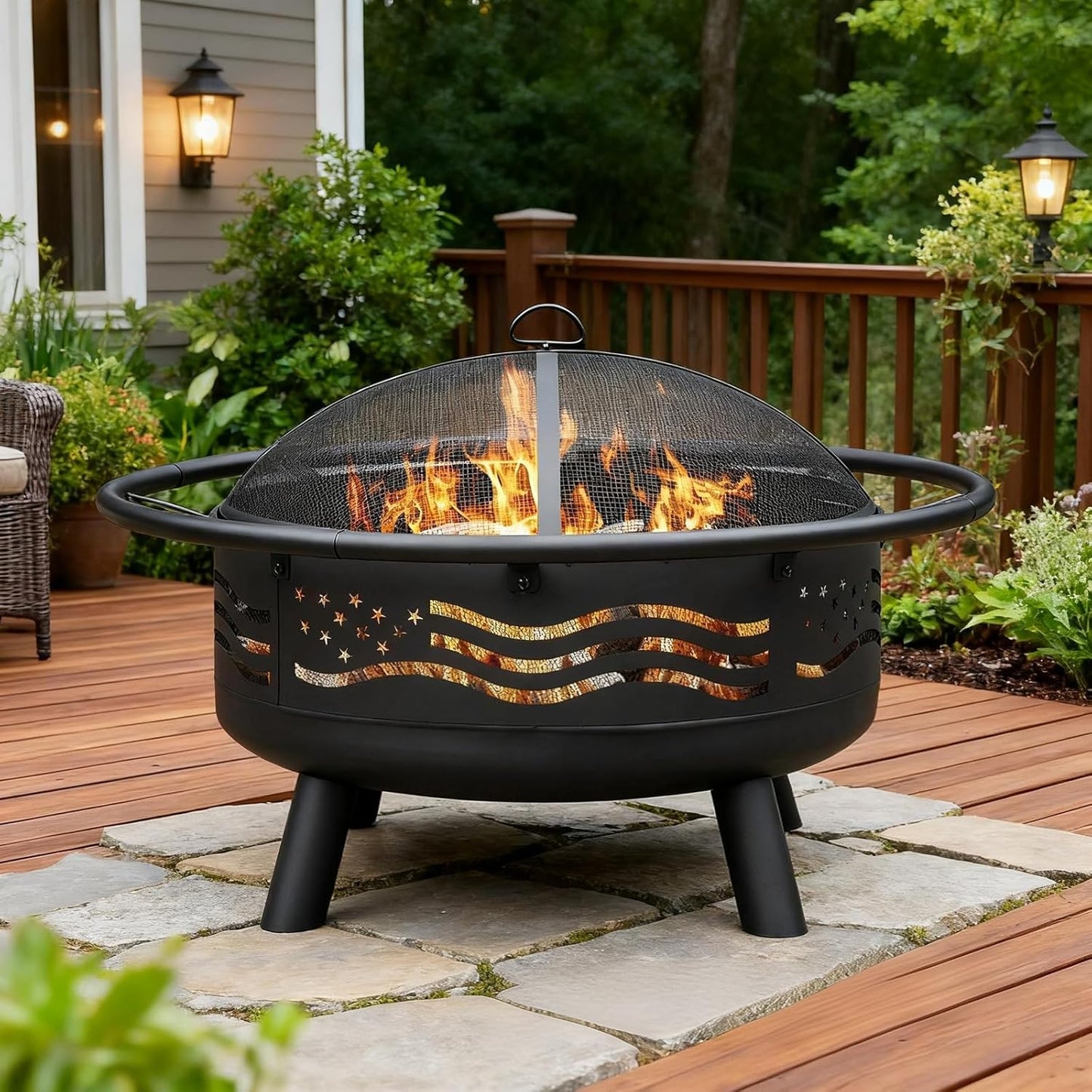 Breezz 32 Inch American Flag Fire Pit for Cozy Gatherings