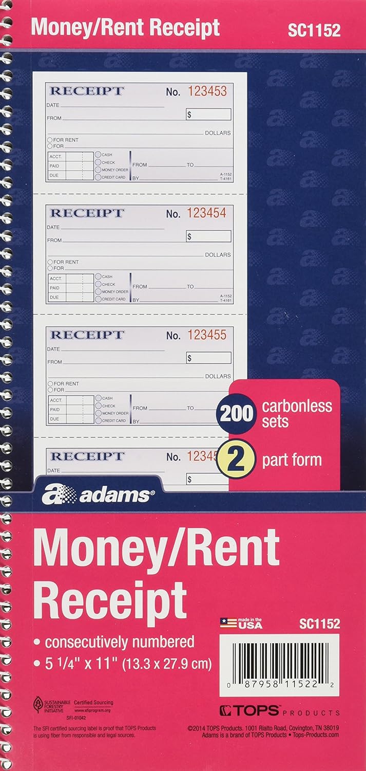 Adams Money and Rent Receipt Book for Efficient Transactions