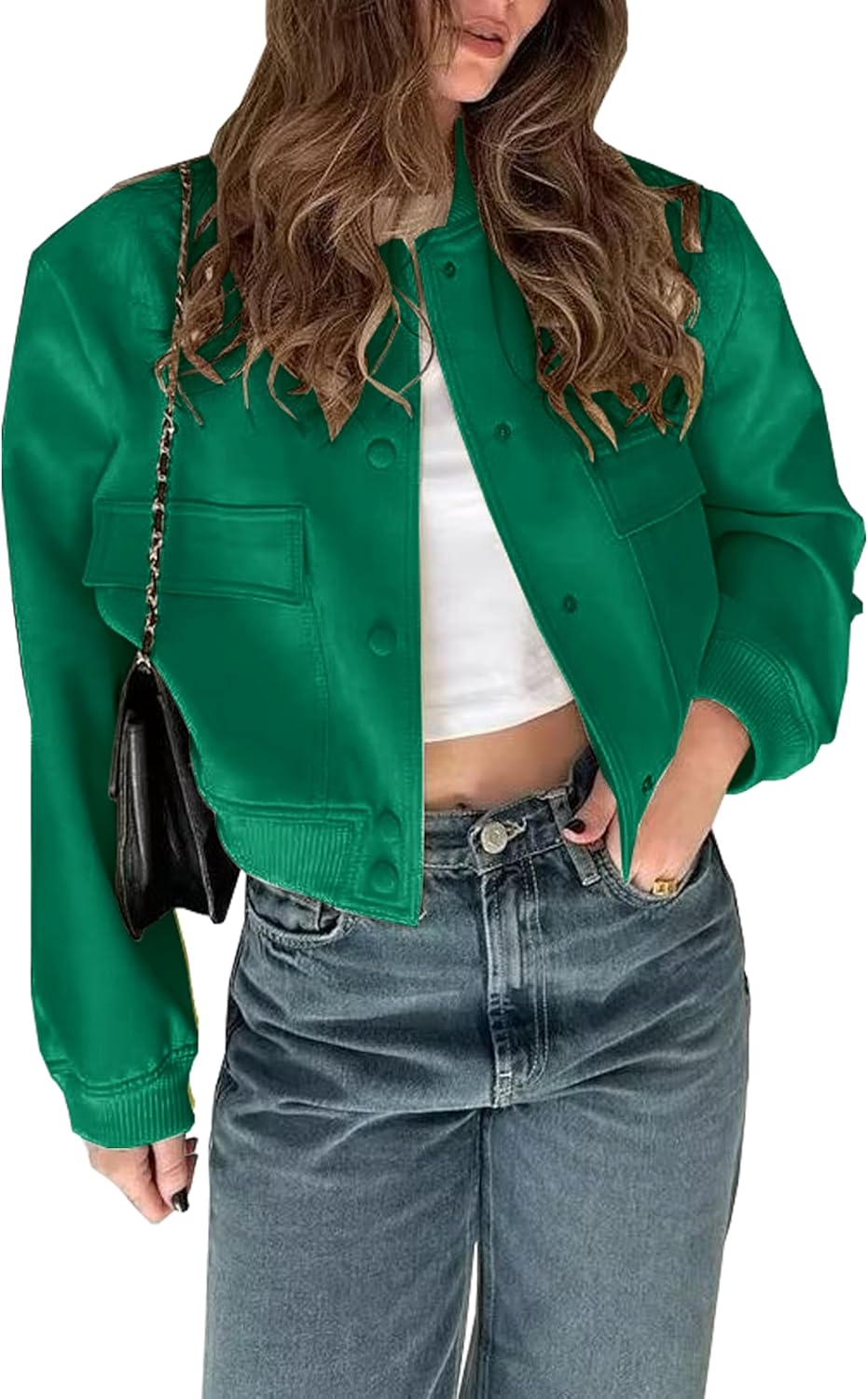 Womens Cropped Bomber Jacket with Button Down Closure and Pockets