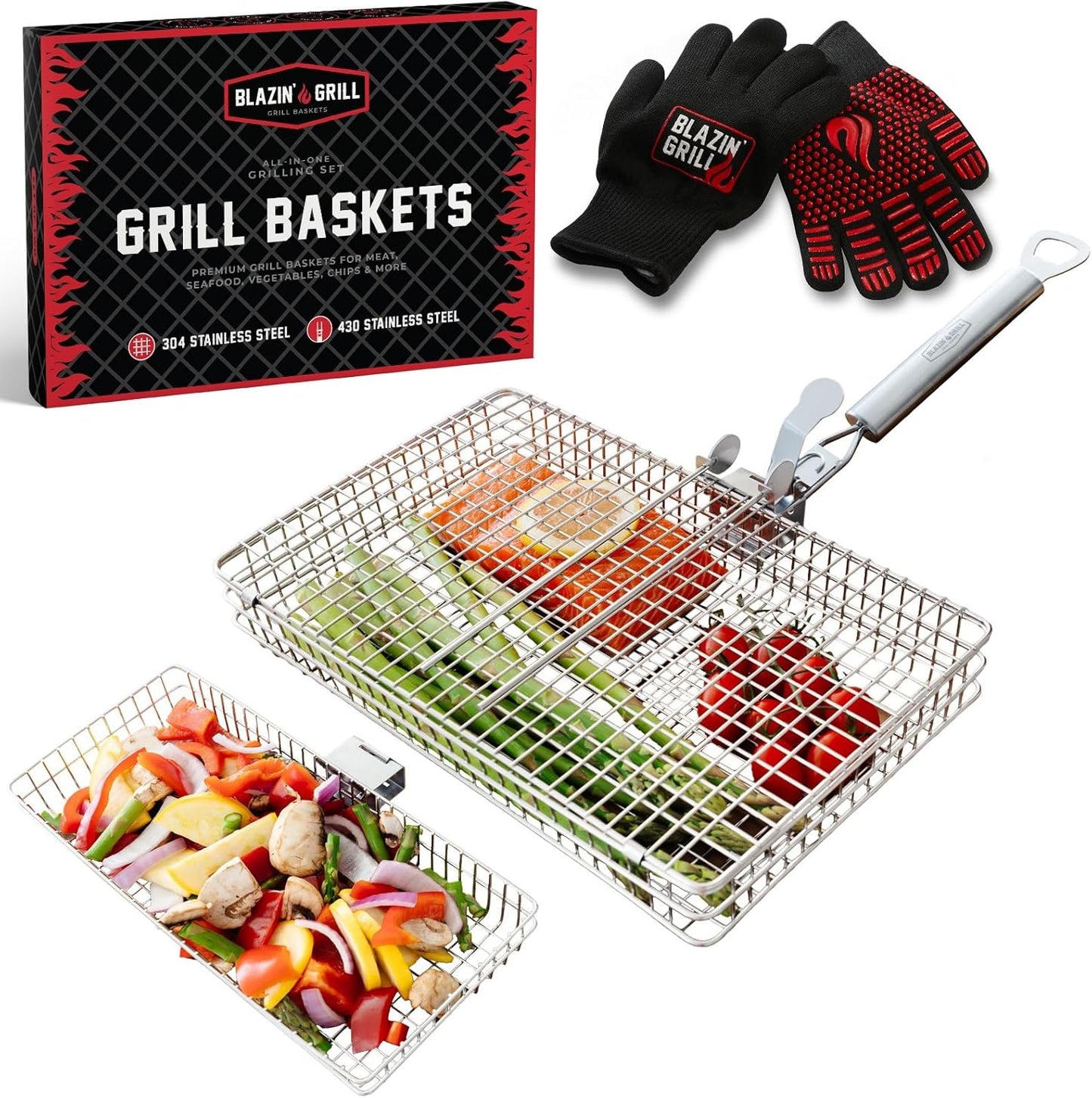 Blazin' Grill Baskets Set for Outdoor BBQ with Gloves & Handles