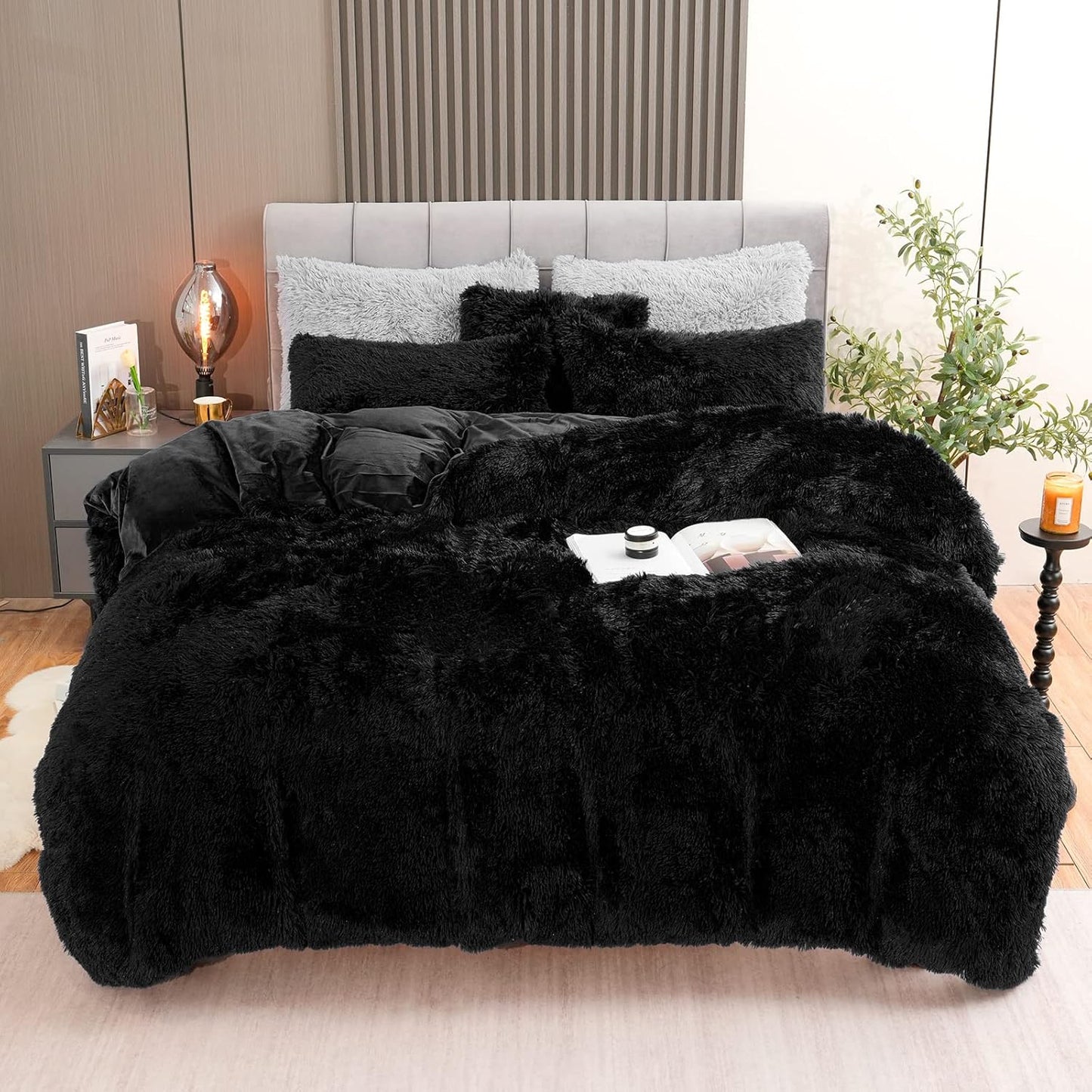 Fluffy Plush Black Duvet Cover Set King Size for Cozy Sleep