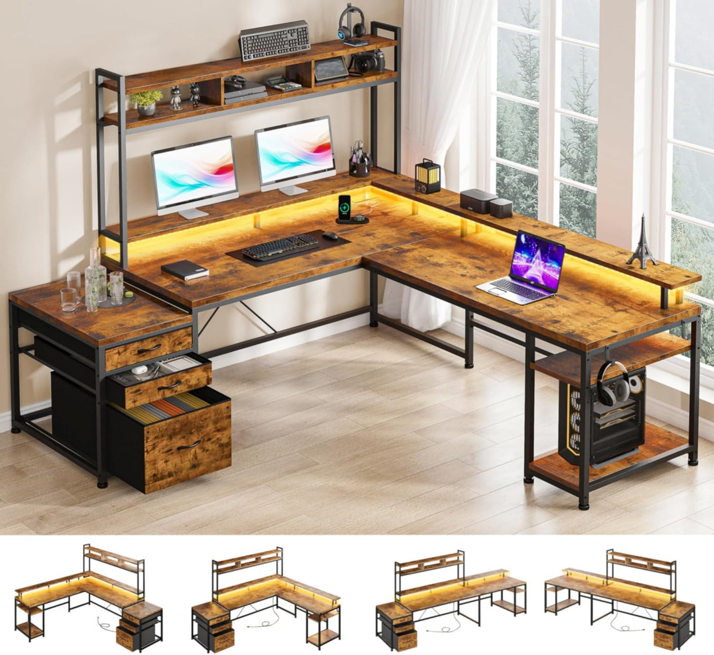 EnHomee L-Shaped Desk: Gaming Glory with LED & Storage