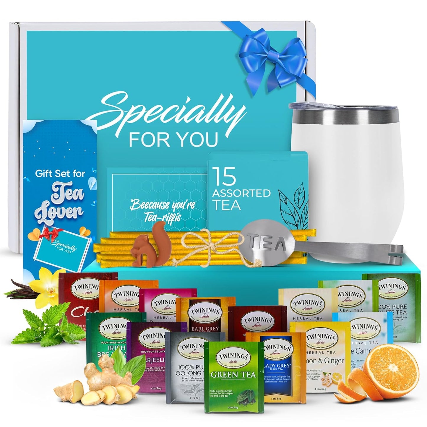 Tea Gifts for Women - Unique Sampler Basket with Tumbler & Honey