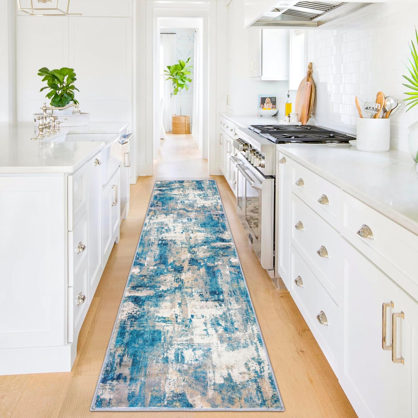 KOZYFLY Modern Abstract Rug Runner, 2x8, Blue, Non-Slip Design