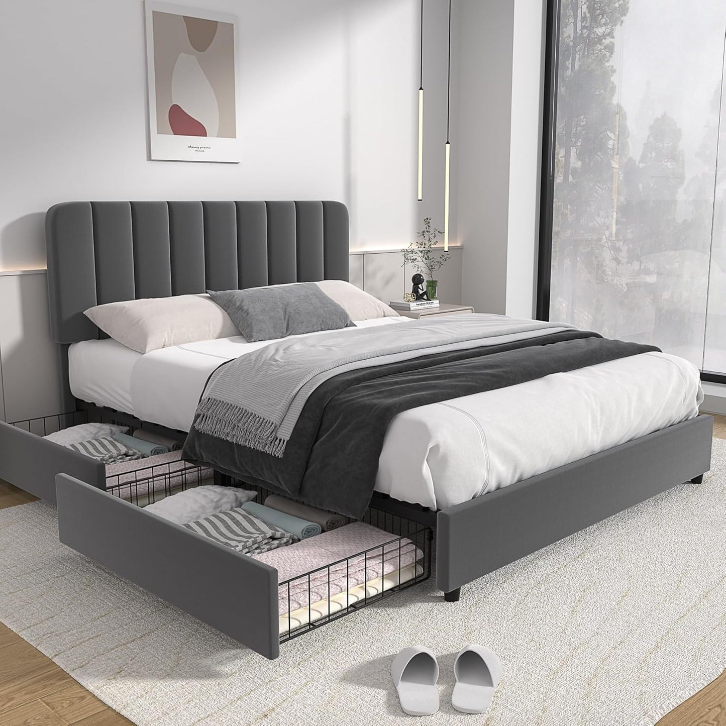 VECELO Queen Size Upholstered Bed Frame with 4 Drawers