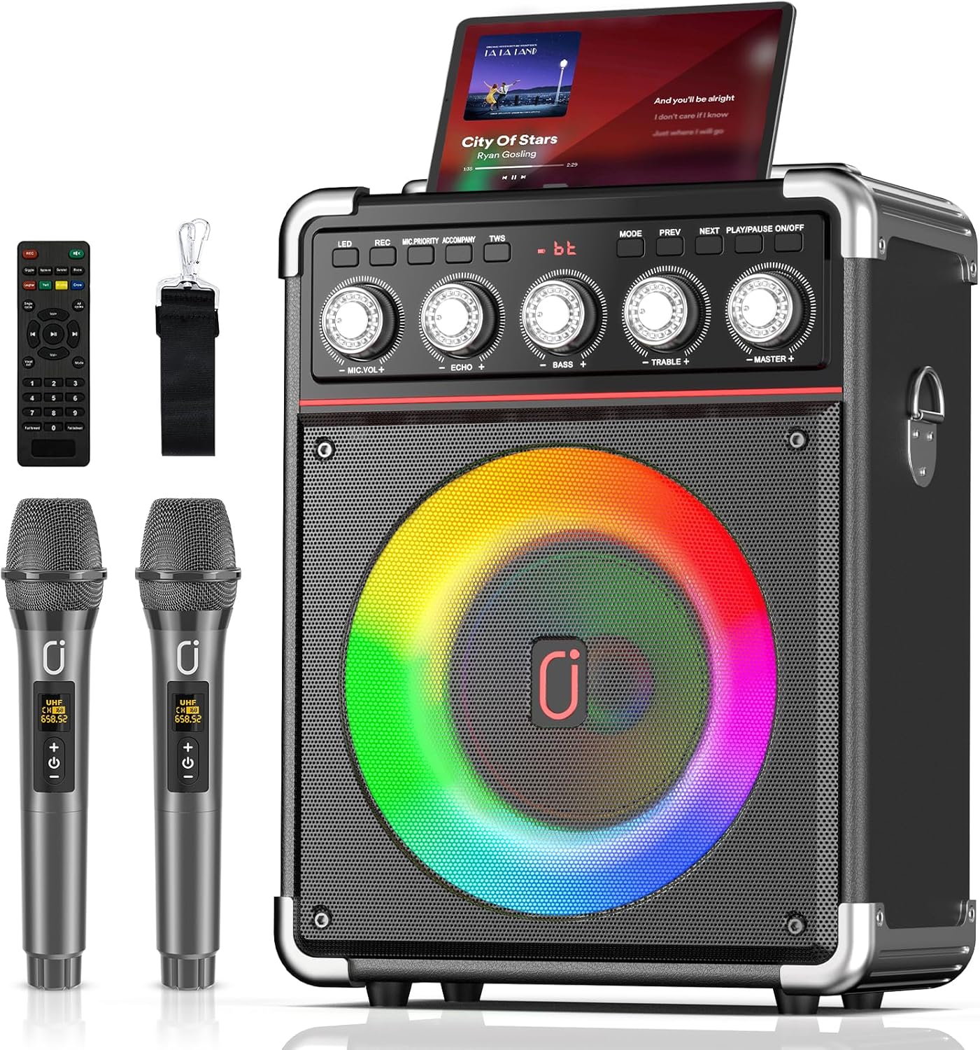 Portable Karaoke Machine: Dual Wireless Mics, DJ Light, Remote Control