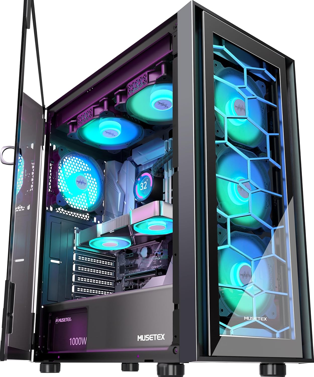 MUSETEX G07 ATX PC Case with 6 PWM ARGB Fans and Glass Door
