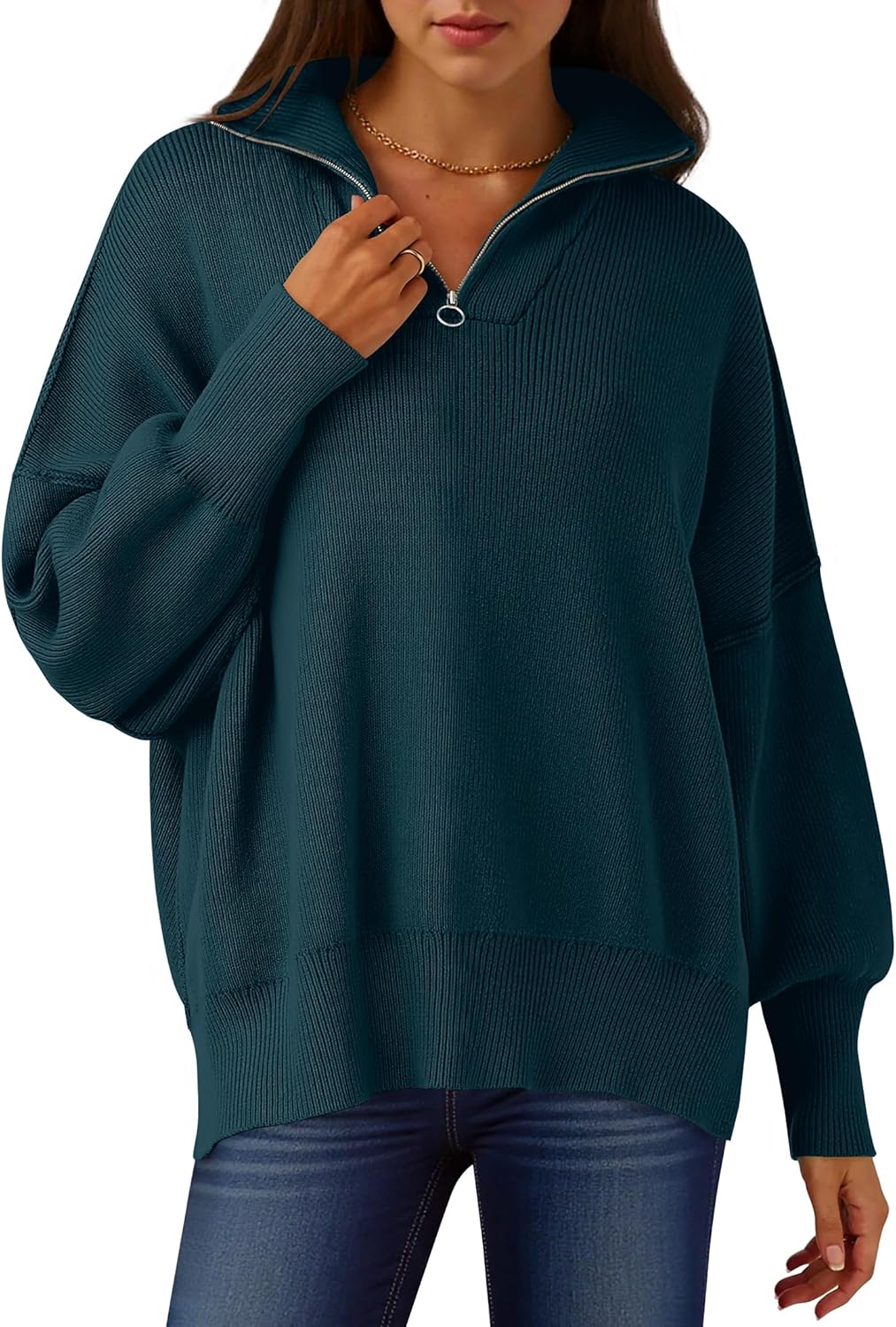 Oversized Fashion Long Sleeve Quarter Zip Sweater for Women