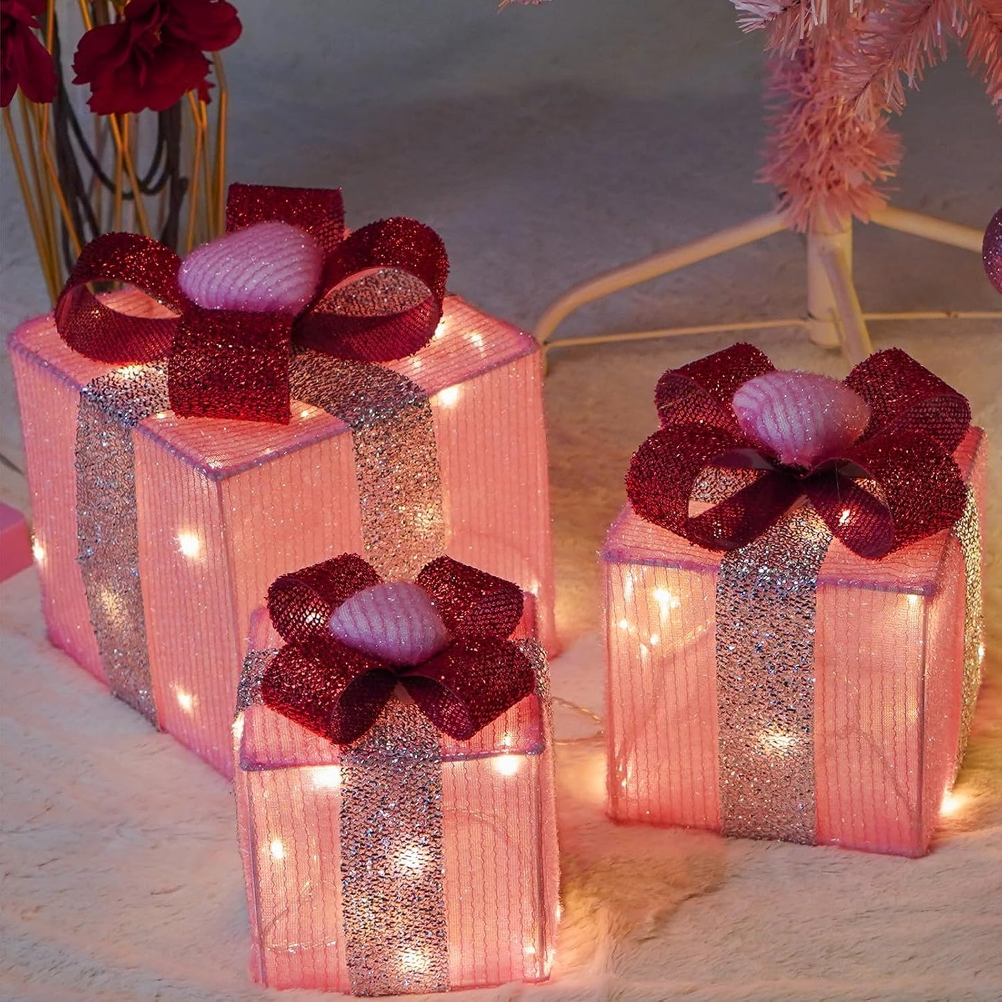Set of 3 Lighted Gift Boxes with Unique Pink Bear Bow Design