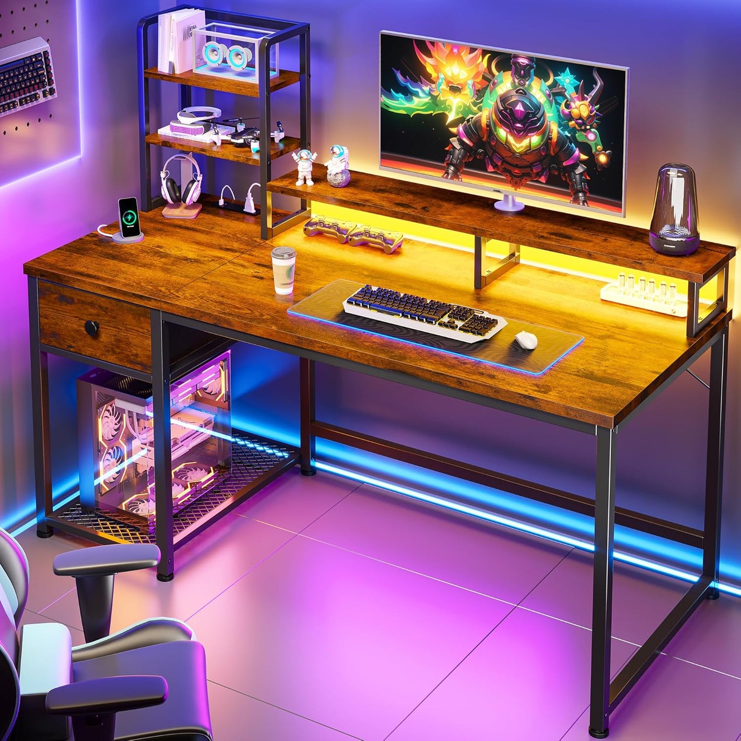 EnHomee Gaming Desk: LED Lights, Power Outlets, Storage