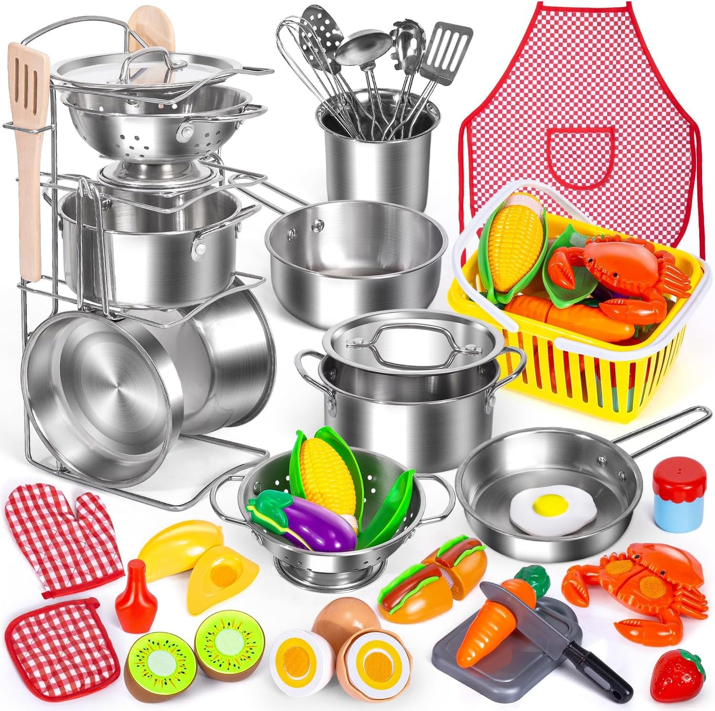 Kids Pretend Play Kitchen Toys Set with 32 Stainless Steel Items