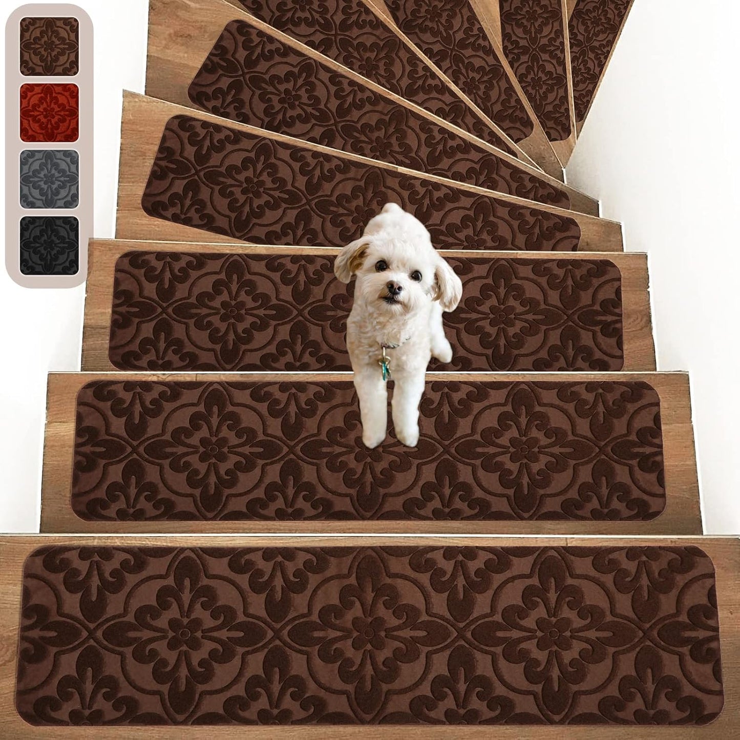 Non-Slip Carpet Stair Treads for Wooden Steps - 15PCS Brown