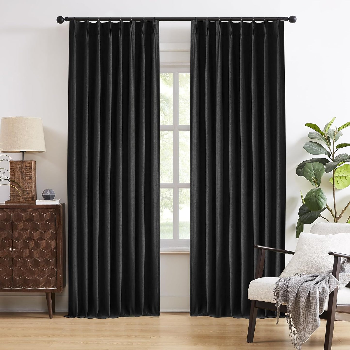 Black Linen Pinch Pleated Blackout Curtains for Elegant Rooms