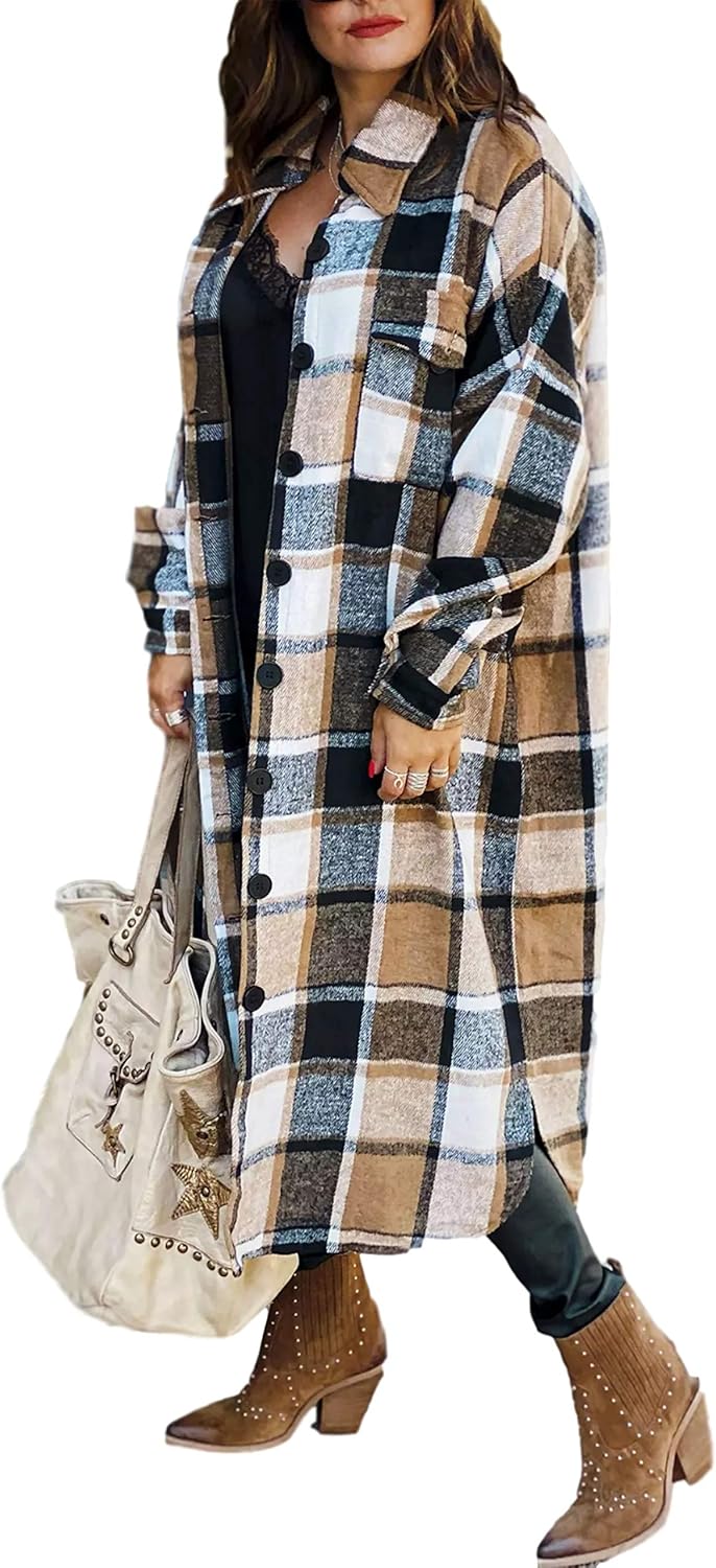 UANEO Plaid Coat Women Long Flannel Trench Jacket for Fall
