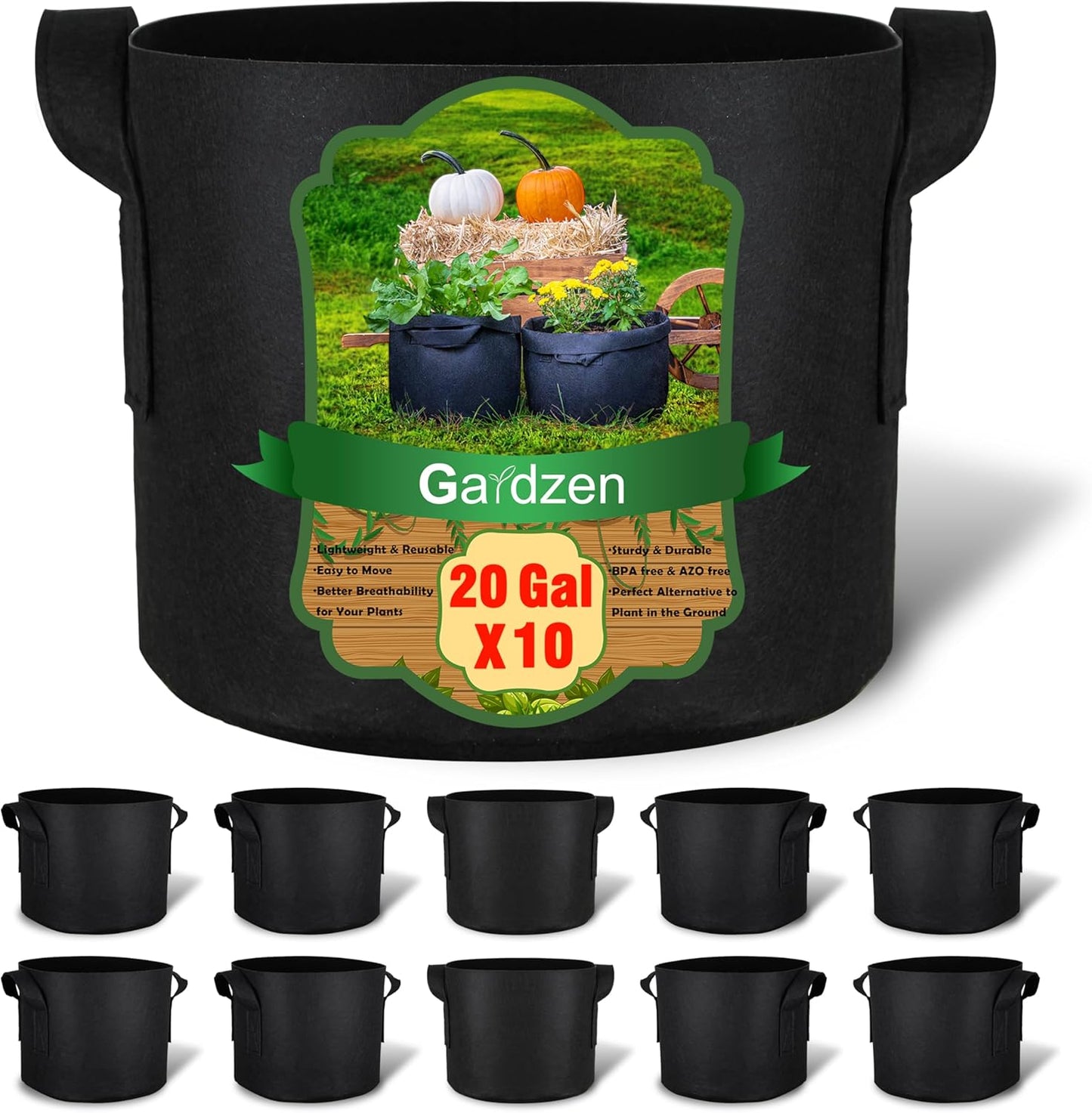 Gardzen 10-Pack 20 Gallon Grow Bags for Healthier Plants